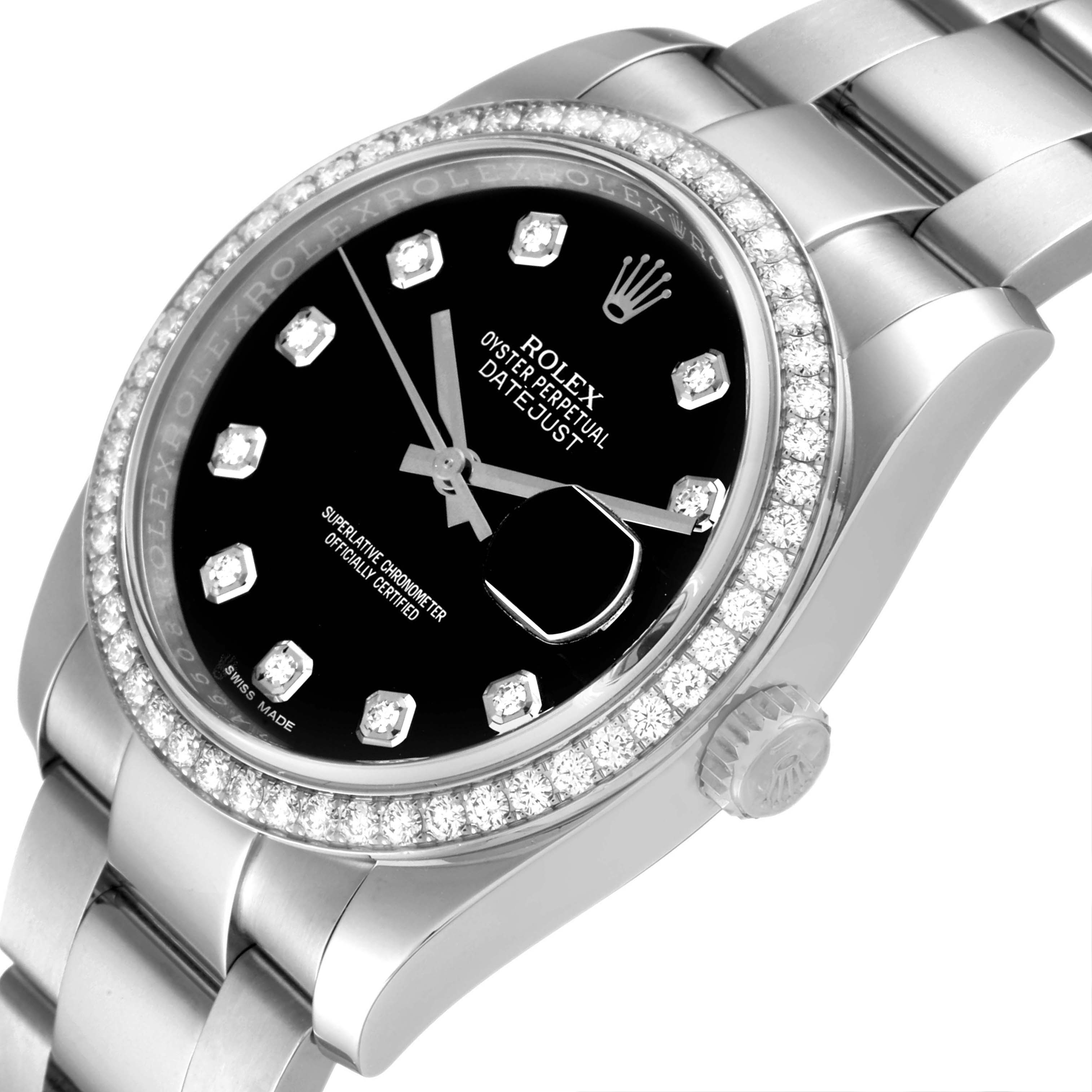 This image shows a close-up, angled view of the Rolex Datejust 116244 Men
s Stainless Steel Black Dial 116244 Men
s Stainless Steel Black Dial watch, highlighting the face, bezel, and part of the bracelet.