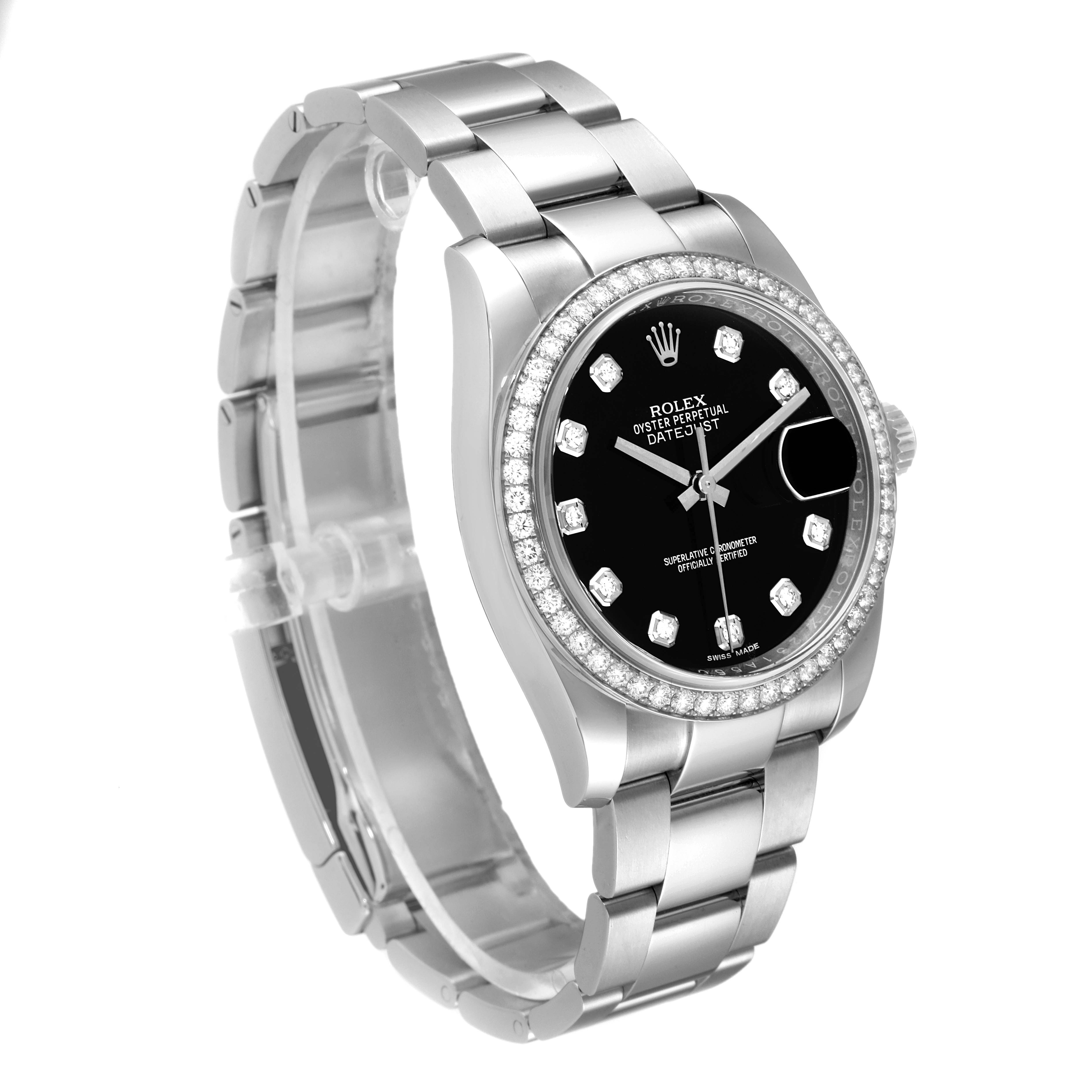 The image shows a Rolex Datejust 116244 Men
s Stainless Steel Black Dial 116244 Men
s Stainless Steel Black Dial watch at an angled side view, highlighting its bracelet, bezel, and black dial with diamond markers.