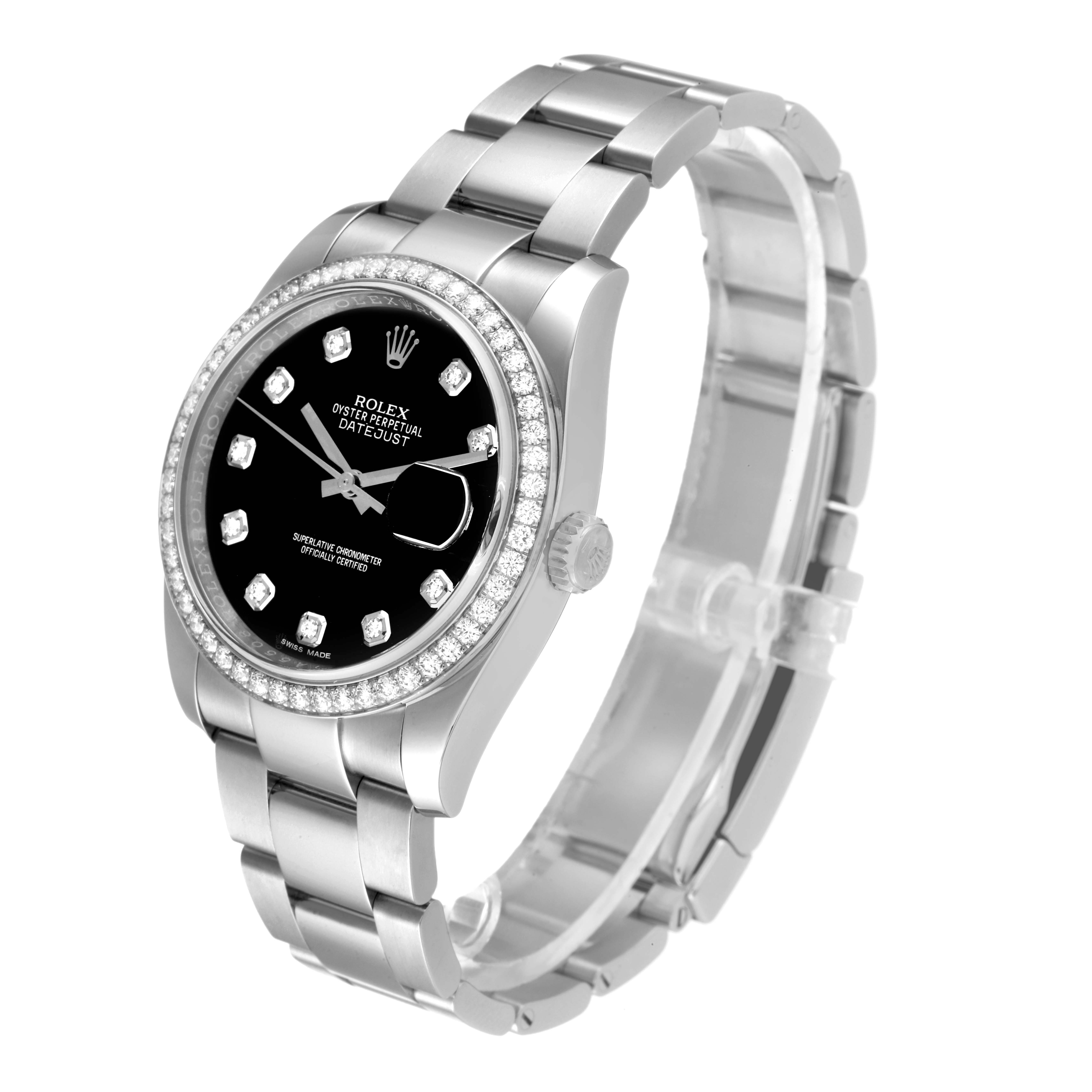 The Rolex Datejust 116244 Men
s Stainless Steel Black Dial 116244 Men
s Stainless Steel Black Dial model watch is shown from an angle displaying its face, bracelet, bezel, and crown.