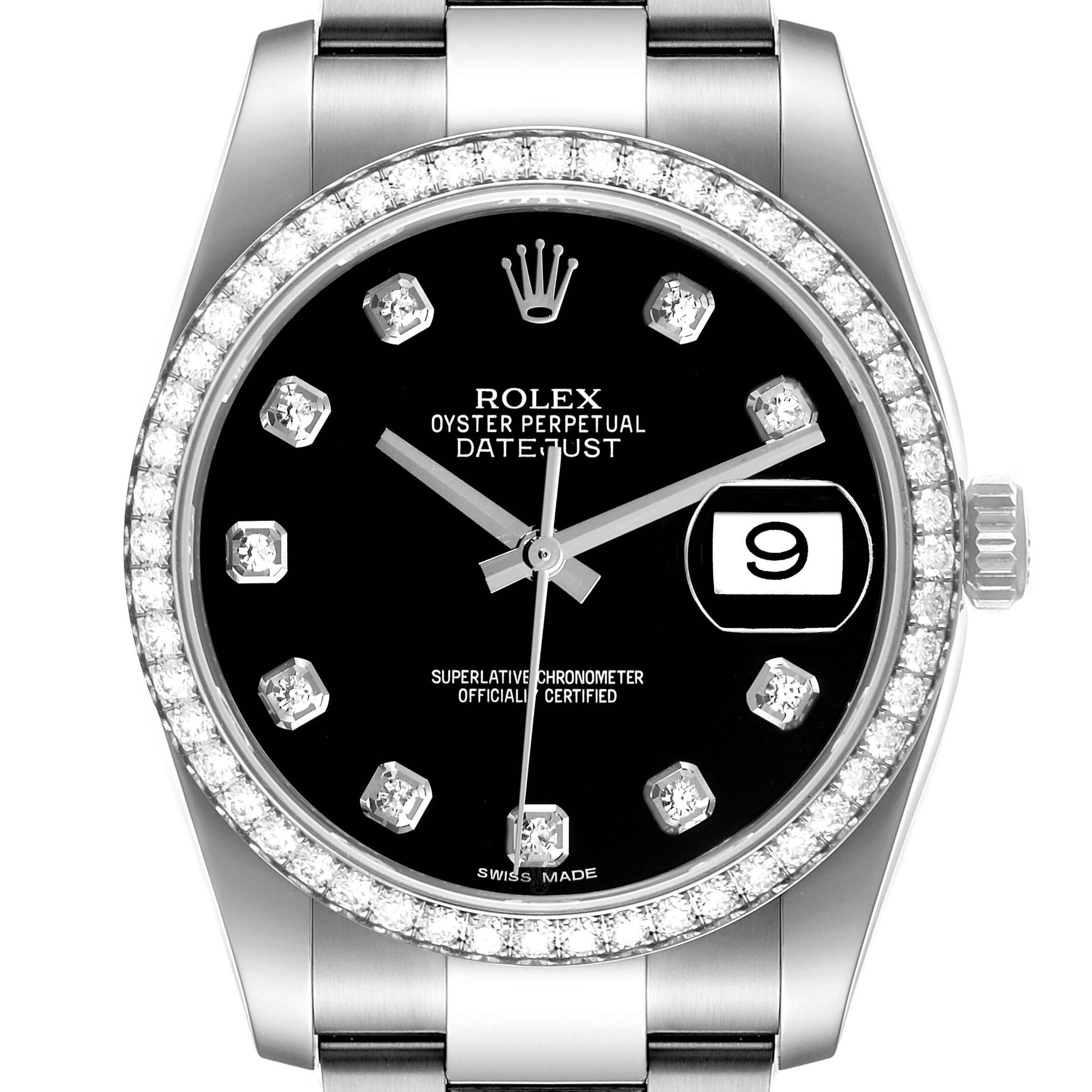 This image shows a front view of a Rolex Datejust 116244 Men
s Stainless Steel Black Dial 116244 Men
s Stainless Steel Black Dial watch, highlighting the dial, bezel, and date window.