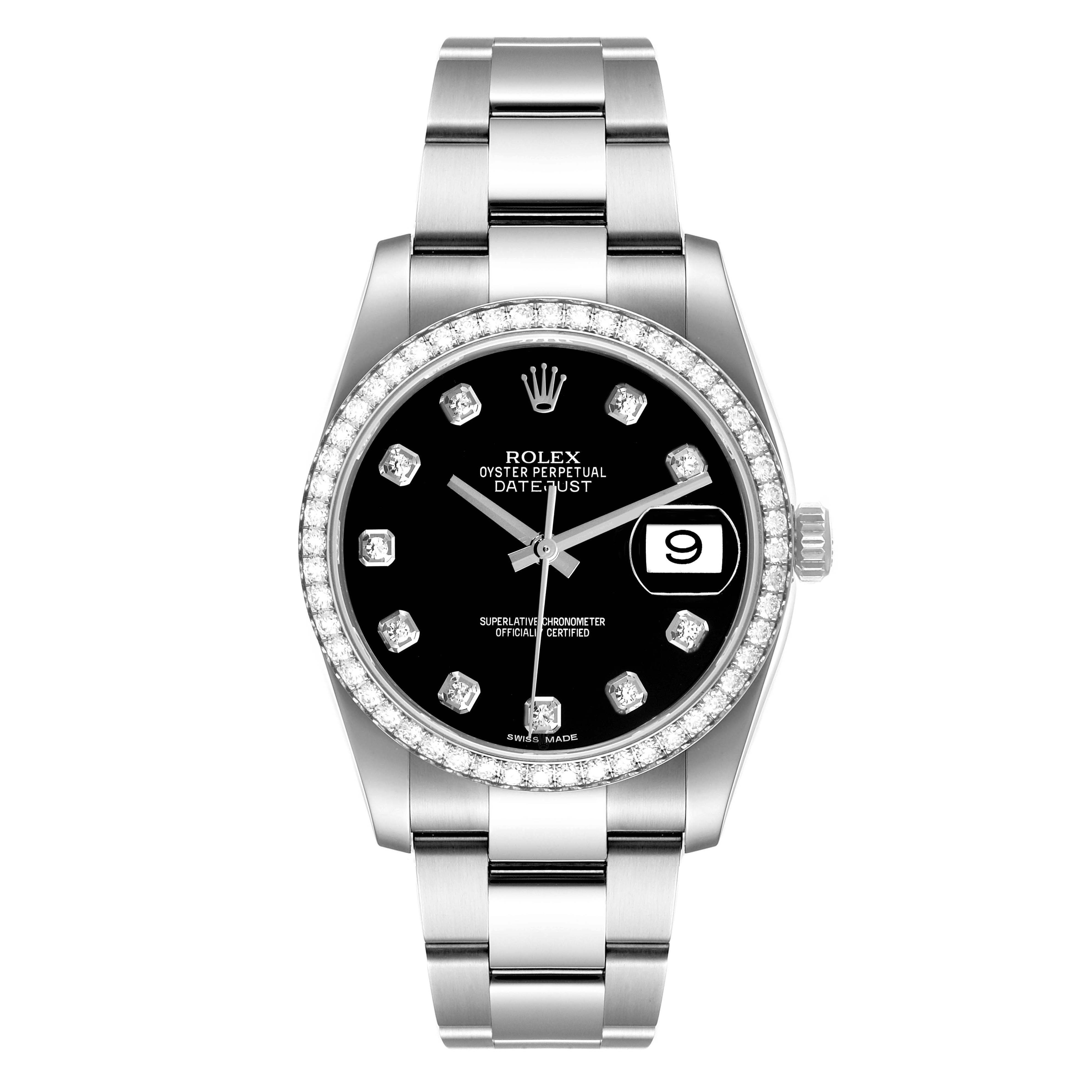 This is a front view of a Rolex Datejust 116244 Men
s Stainless Steel Black Dial 116244 Men
s Stainless Steel Black Dial watch, showcasing its face, bezel, bracelet, and date window.