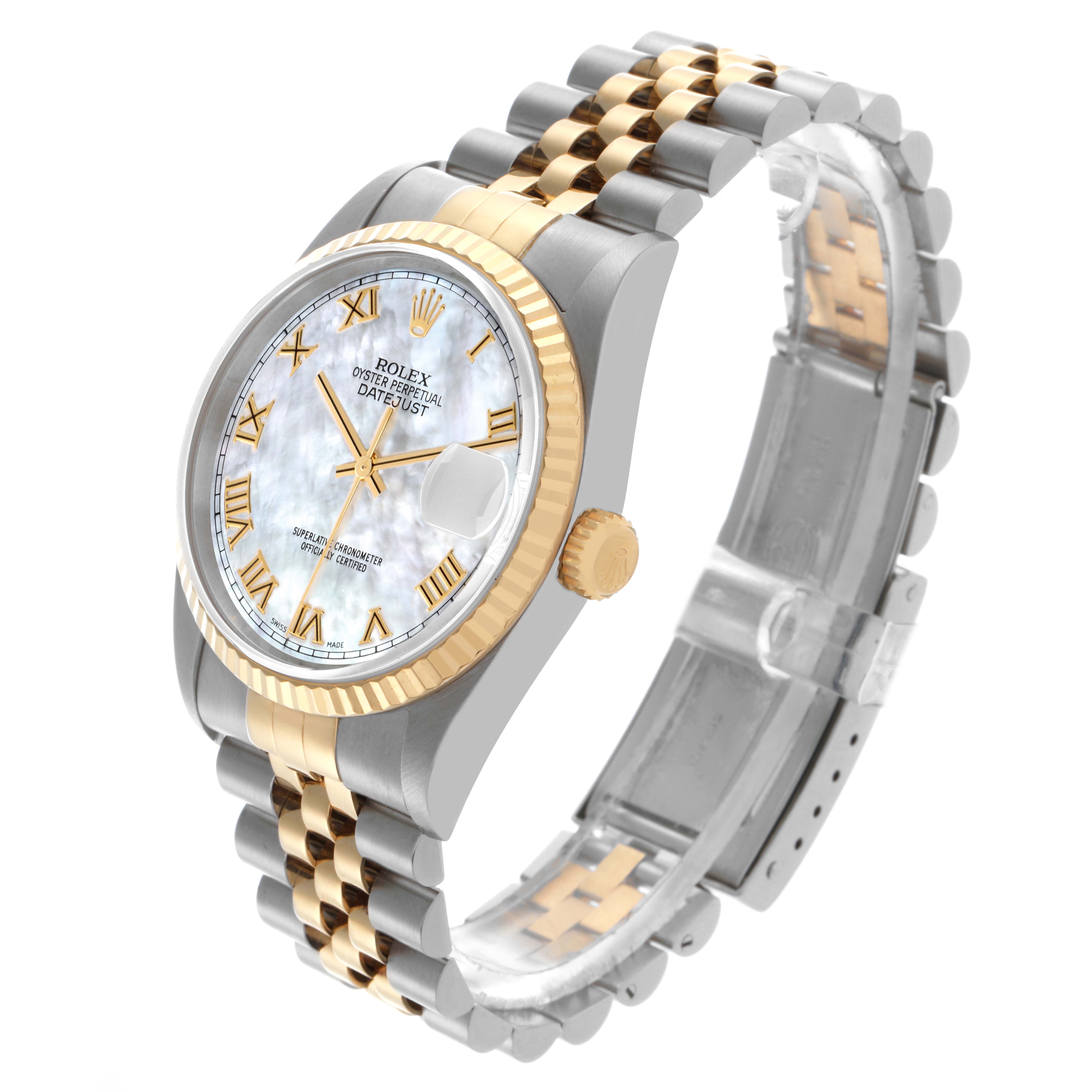 The Rolex Datejust 16233 Men's Steel and Gold (two tone) Mother of Pearl Dial 16233 Men's Steel and Gold (two tone) Mother of Pearl Dial watch is shown at a slight angle, displaying the face, bezel, crown, and part of the bracelet.