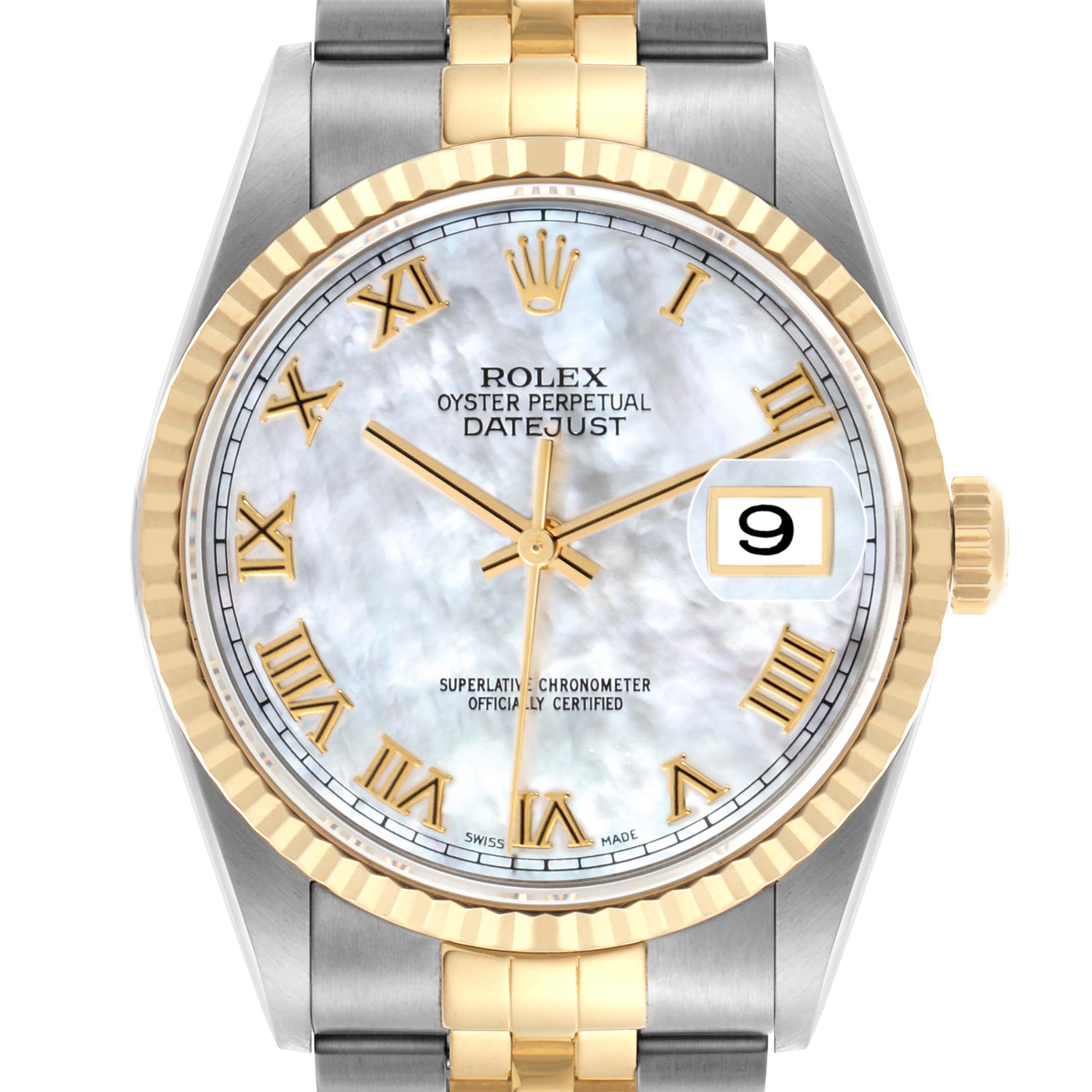 The Rolex Datejust 16233 Men's Steel and Gold (two tone) Mother of Pearl Dial 16233 Men's Steel and Gold (two tone) Mother of Pearl Dial watch is shown from the front, highlighting the face, bezel, crown, and part of the bracelet.