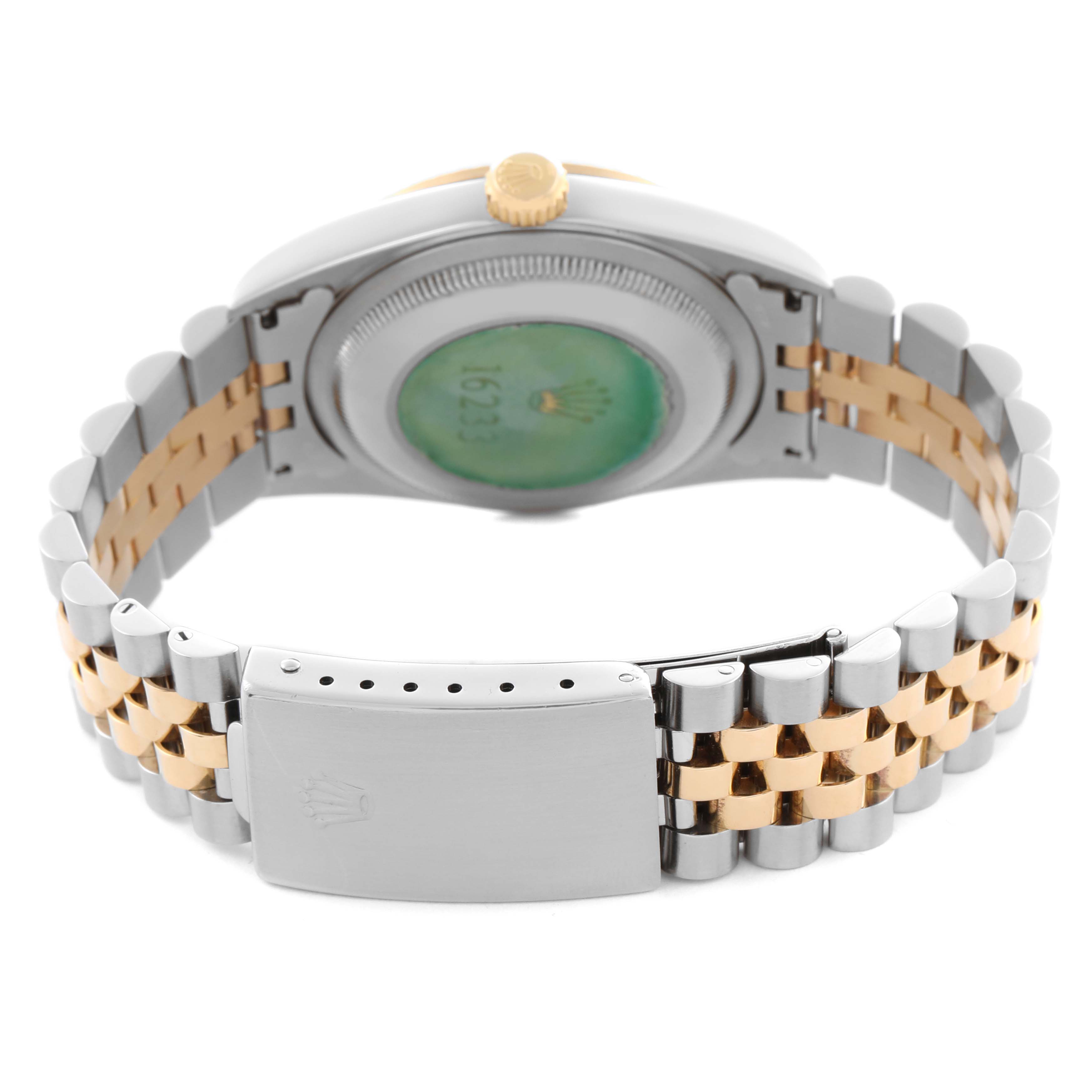 The image shows the back and bracelet of a Rolex Datejust 16233 Men's Steel and Gold (two tone) Mother of Pearl Dial 16233 Men's Steel and Gold (two tone) Mother of Pearl Dial, highlighting the clasp and bi-metal links from a rear angle.
