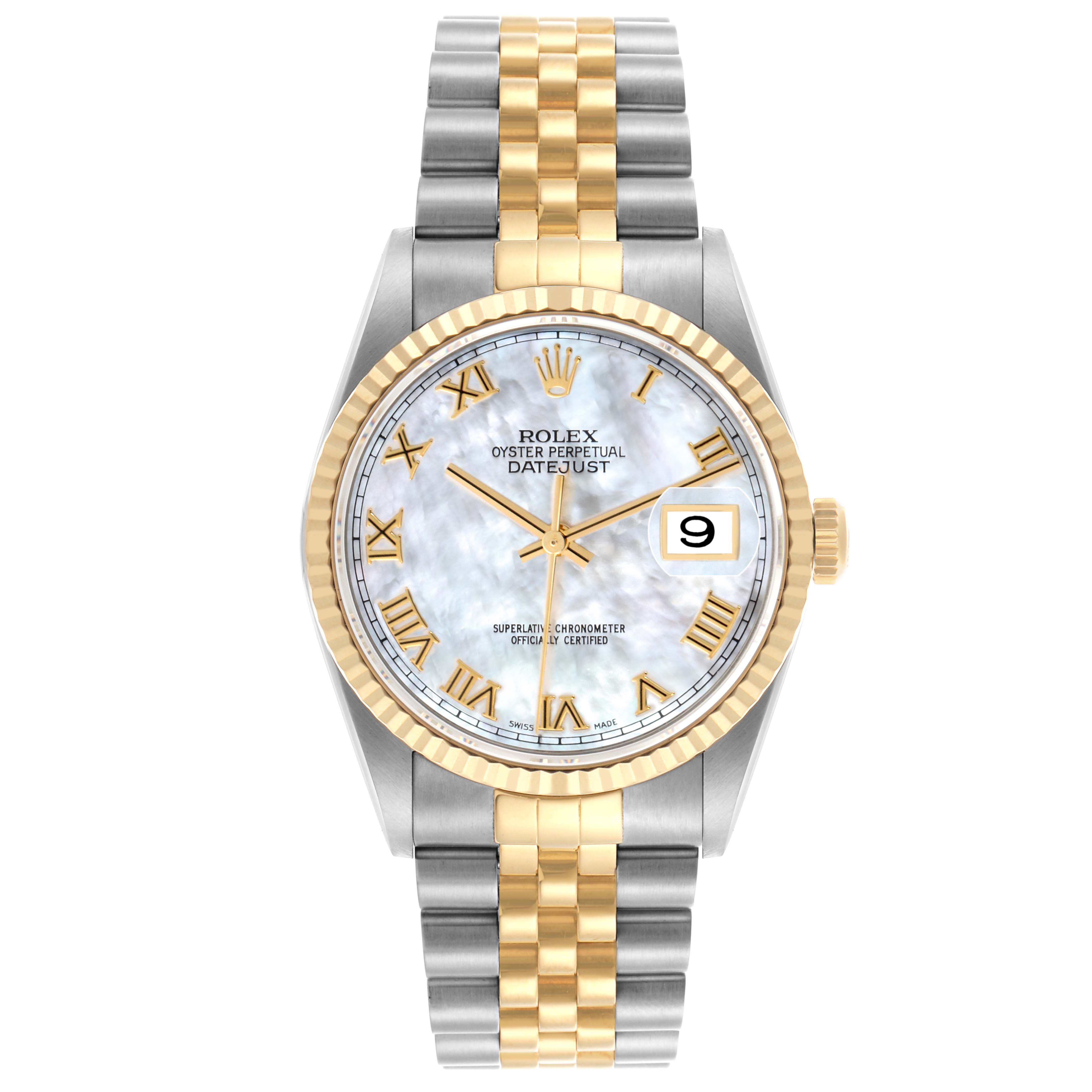 The Rolex Datejust 16233 Men's Steel and Gold (two tone) Mother of Pearl Dial 16233 Men's Steel and Gold (two tone) Mother of Pearl Dial is shown from a frontal angle, highlighting the dial, bezel, and two-tone bracelet.