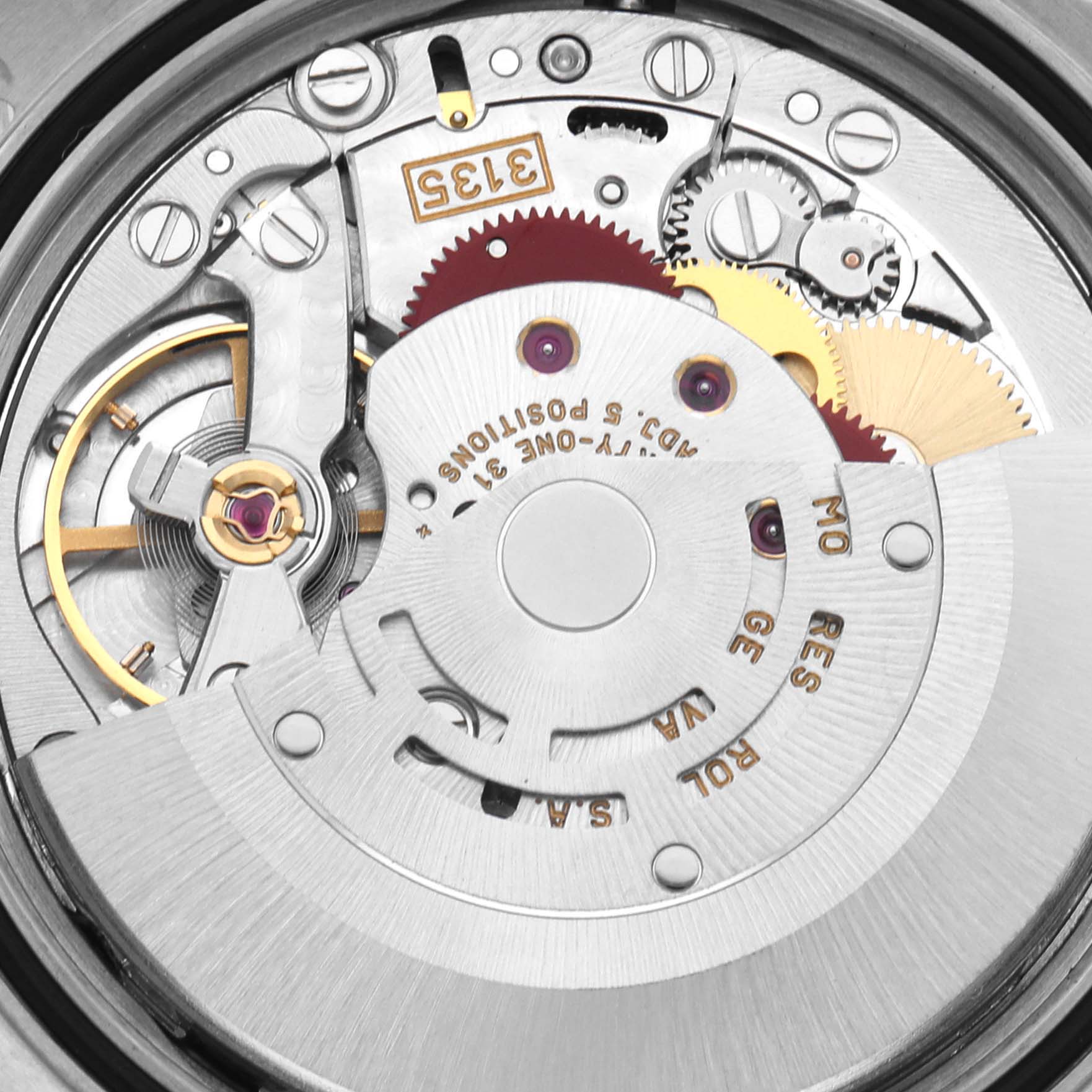 The image shows the intricate movement and inner mechanism of a Rolex Datejust 16233 Men's Steel and Gold (two tone) Mother of Pearl Dial 16233 Men's Steel and Gold (two tone) Mother of Pearl Dial watch from a top-down angle.