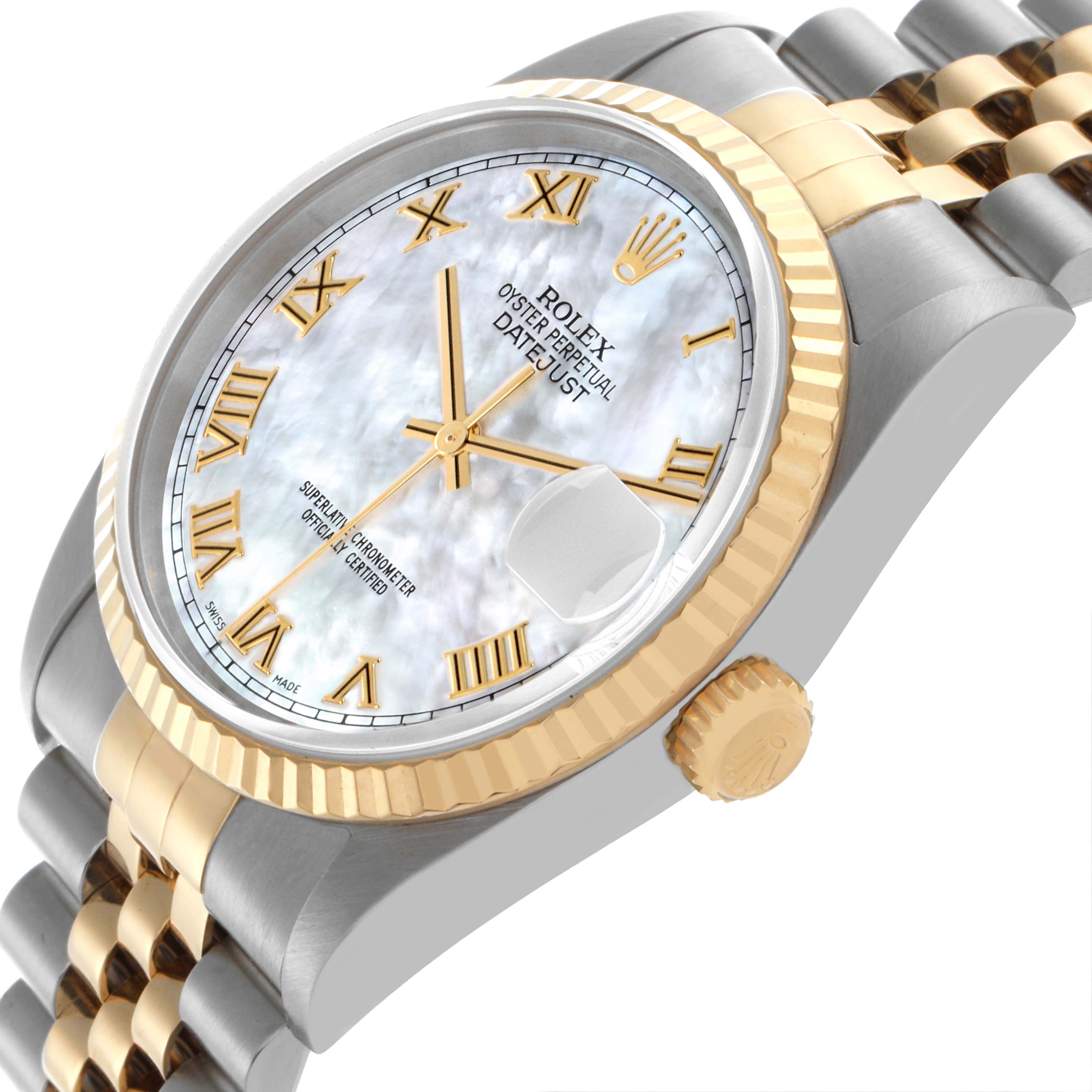 The Rolex Datejust 16233 Men's Steel and Gold (two tone) Mother of Pearl Dial 16233 Men's Steel and Gold (two tone) Mother of Pearl Dial watch is shown at an angled side view, displaying the dial, bezel, crown, and part of the bracelet.