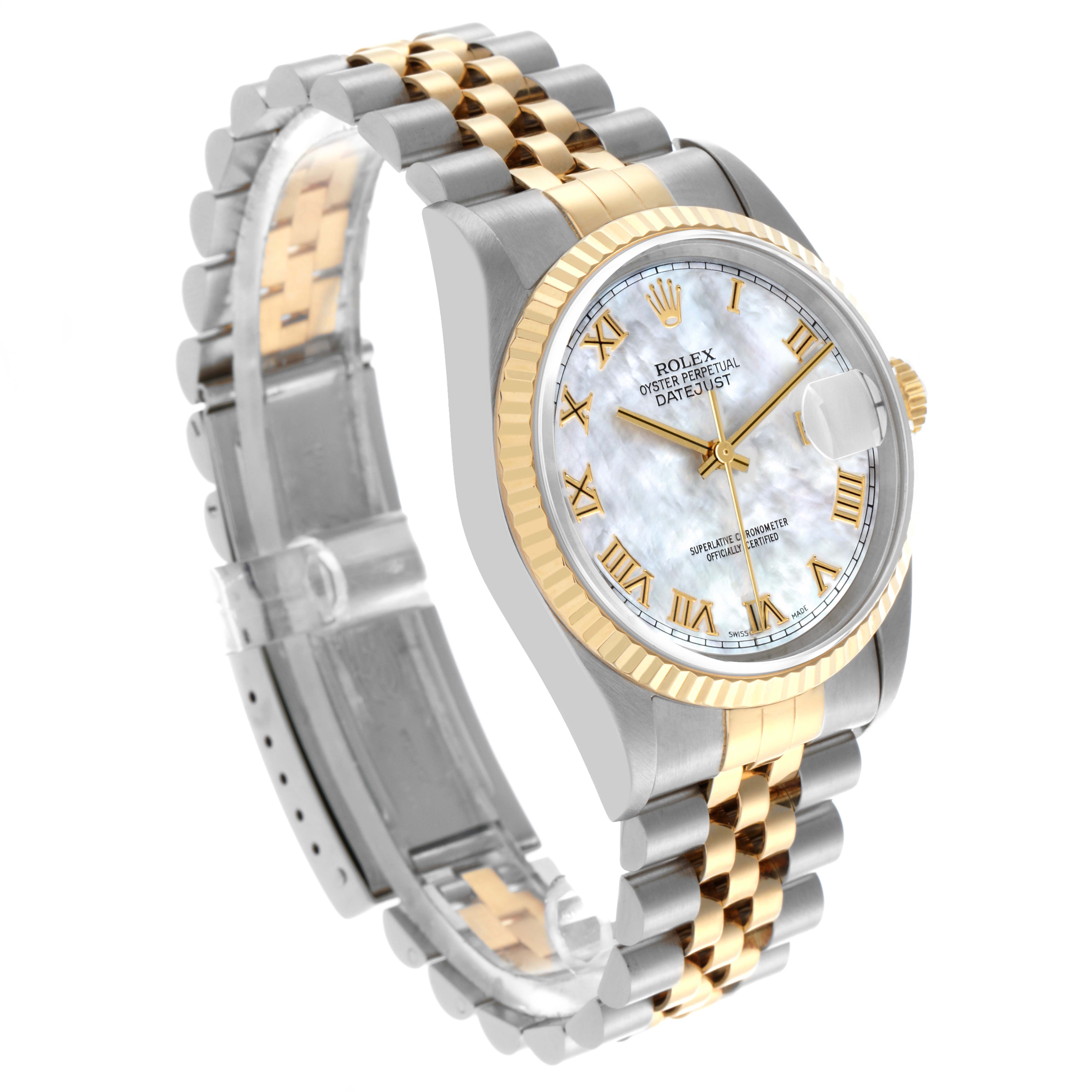 The Rolex Datejust 16233 Men's Steel and Gold (two tone) Mother of Pearl Dial 16233 Men's Steel and Gold (two tone) Mother of Pearl Dial watch is shown at a three-quarter angle, featuring its dial, bezel, and jubilee bracelet.