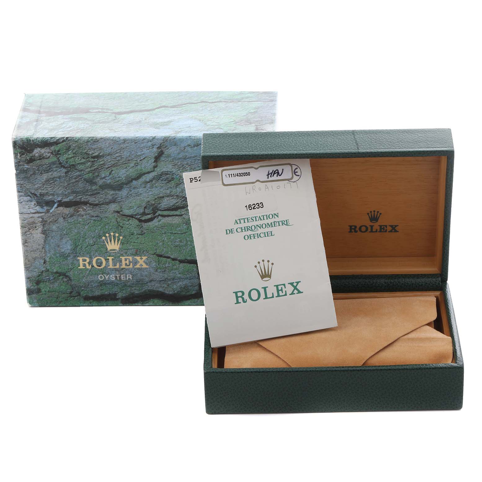 The image shows a green Rolex Oyster box and a certificate, with the Datejust model box partially open.