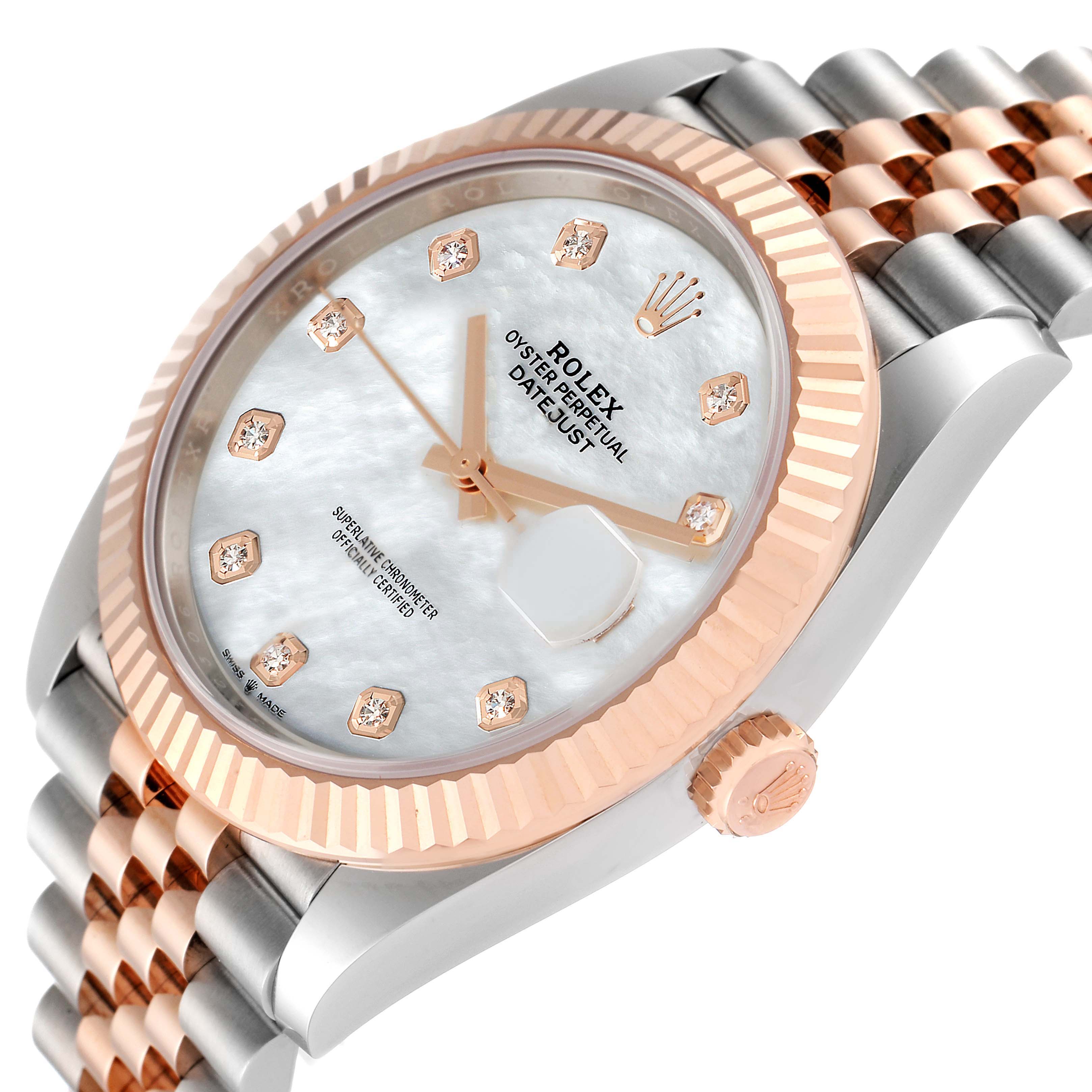 This Rolex Datejust 41 126331 Men's Steel and Gold (two tone) Mother of Pearl Dial 126331 Men's Steel and Gold (two tone) Mother of Pearl Dial is shown at a slight angle, highlighting the face, bezel, crown, and part of the bracelet.