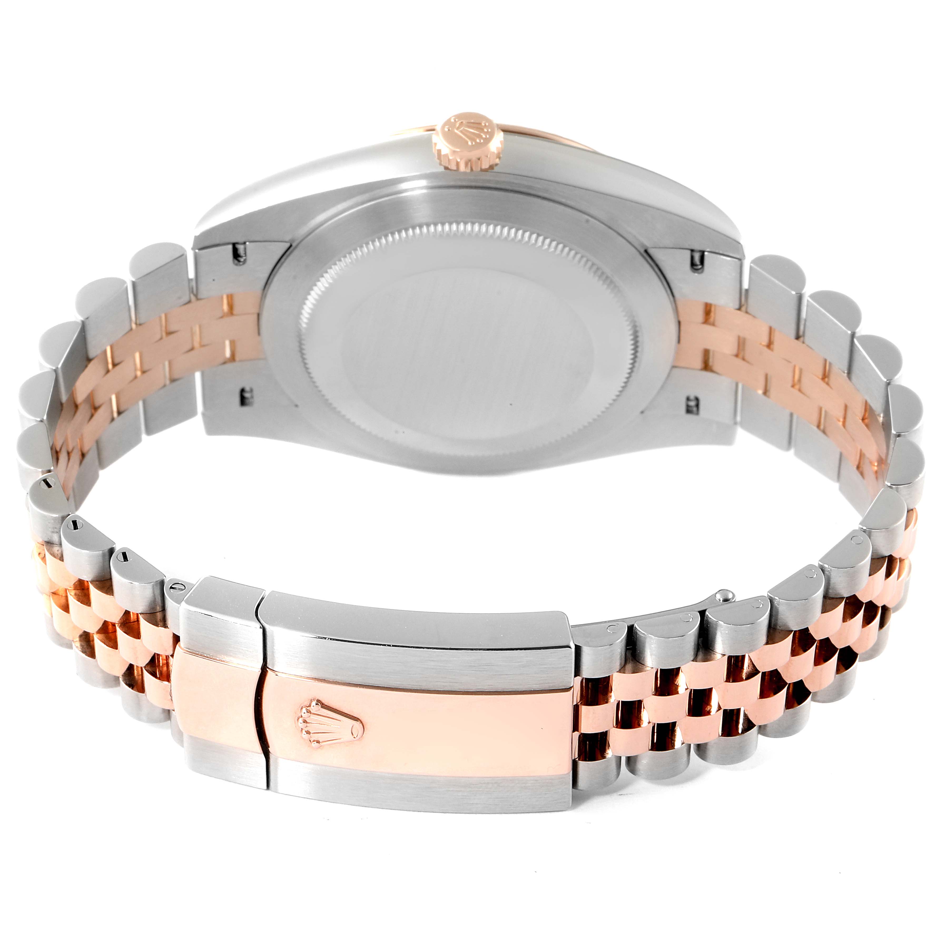 The image shows the back case, crown, and two-tone bracelet of a Rolex Datejust 41 126331 Men's Steel and Gold (two tone) Mother of Pearl Dial 126331 Men's Steel and Gold (two tone) Mother of Pearl Dial watch from a rear angle.