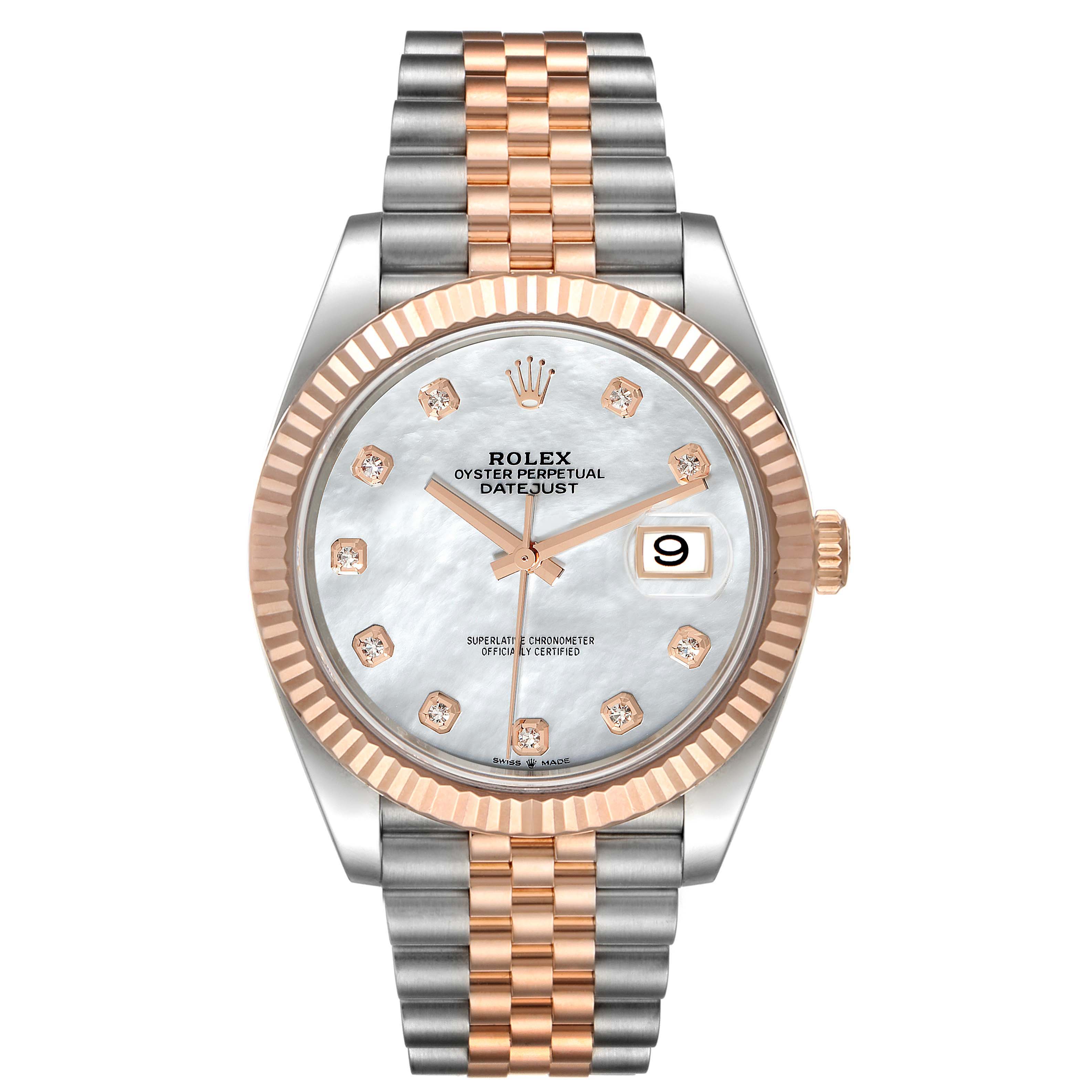 This image shows the Rolex Datejust 41 126331 Men's Steel and Gold (two tone) Mother of Pearl Dial 126331 Men's Steel and Gold (two tone) Mother of Pearl Dial watch from a front angle, displaying its dual-tone band, fluted bezel, and dial with date function.