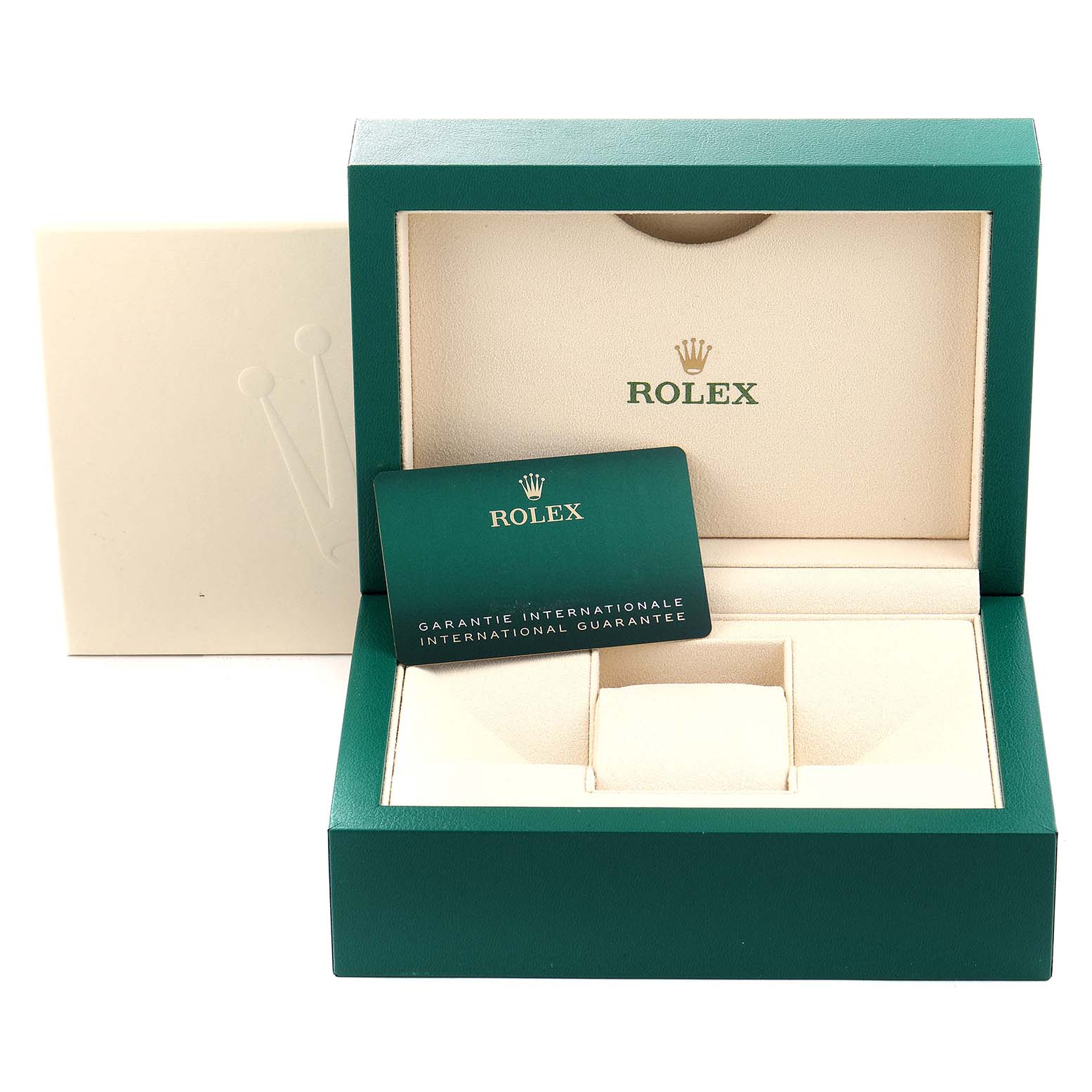 The image shows the open box and international guarantee card for the Rolex Datejust 41 126331 Men's Steel and Gold (two tone) Mother of Pearl Dial 126331 Men's Steel and Gold (two tone) Mother of Pearl Dial watch.