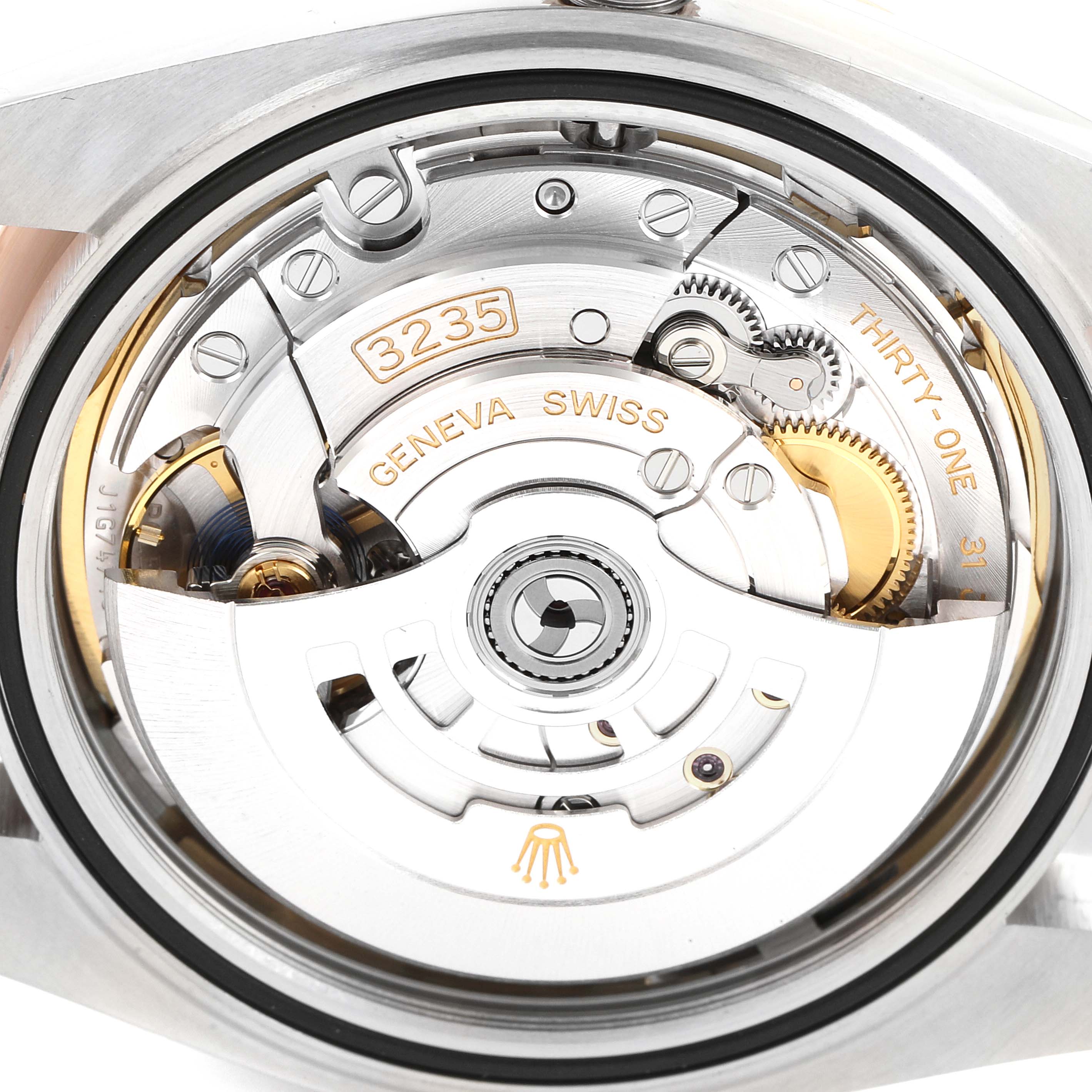 This image shows the movement mechanism of the Rolex Datejust 41 126331 Men's Steel and Gold (two tone) Mother of Pearl Dial 126331 Men's Steel and Gold (two tone) Mother of Pearl Dial watch, revealing its intricate internal components.