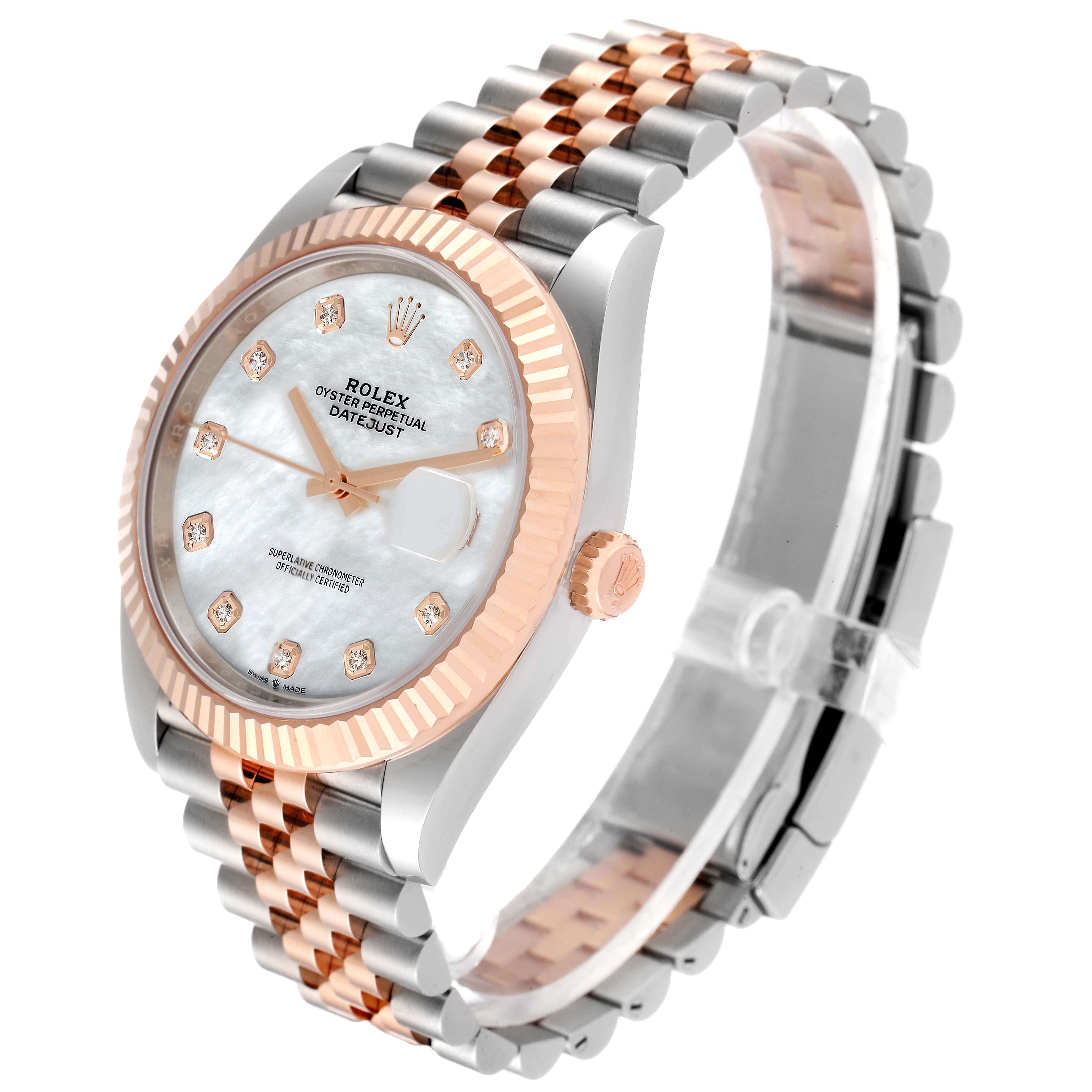 The image shows a Rolex Datejust 41 126331 Men's Steel and Gold (two tone) Mother of Pearl Dial 126331 Men's Steel and Gold (two tone) Mother of Pearl Dial watch at an angle, highlighting its dial, fluted bezel, and Jubilee bracelet.