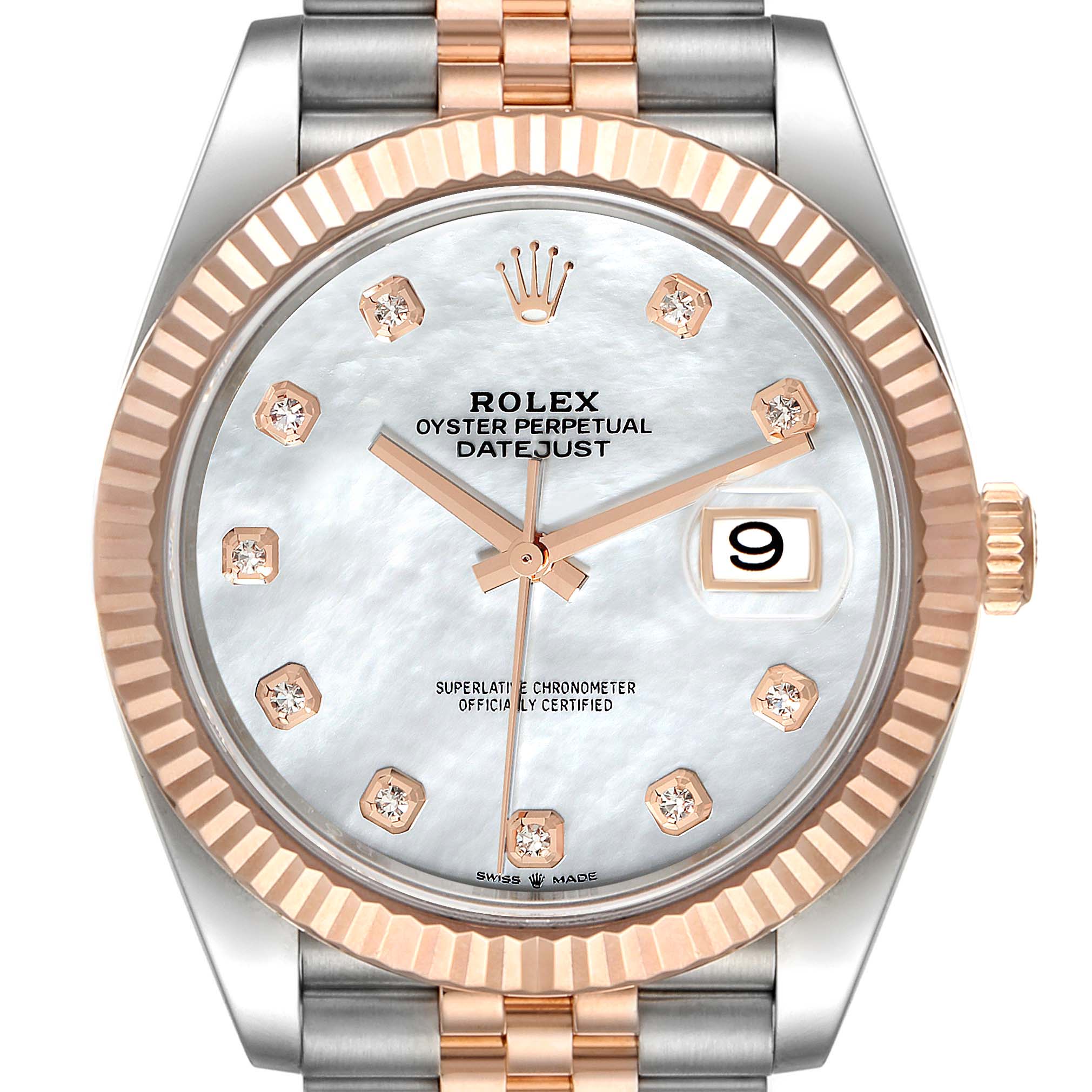 This is a close-up of the Rolex Datejust 41 126331 Men's Steel and Gold (two tone) Mother of Pearl Dial 126331 Men's Steel and Gold (two tone) Mother of Pearl Dial model, showing the dial, hands, bezel, date window, and part of the bracelet.