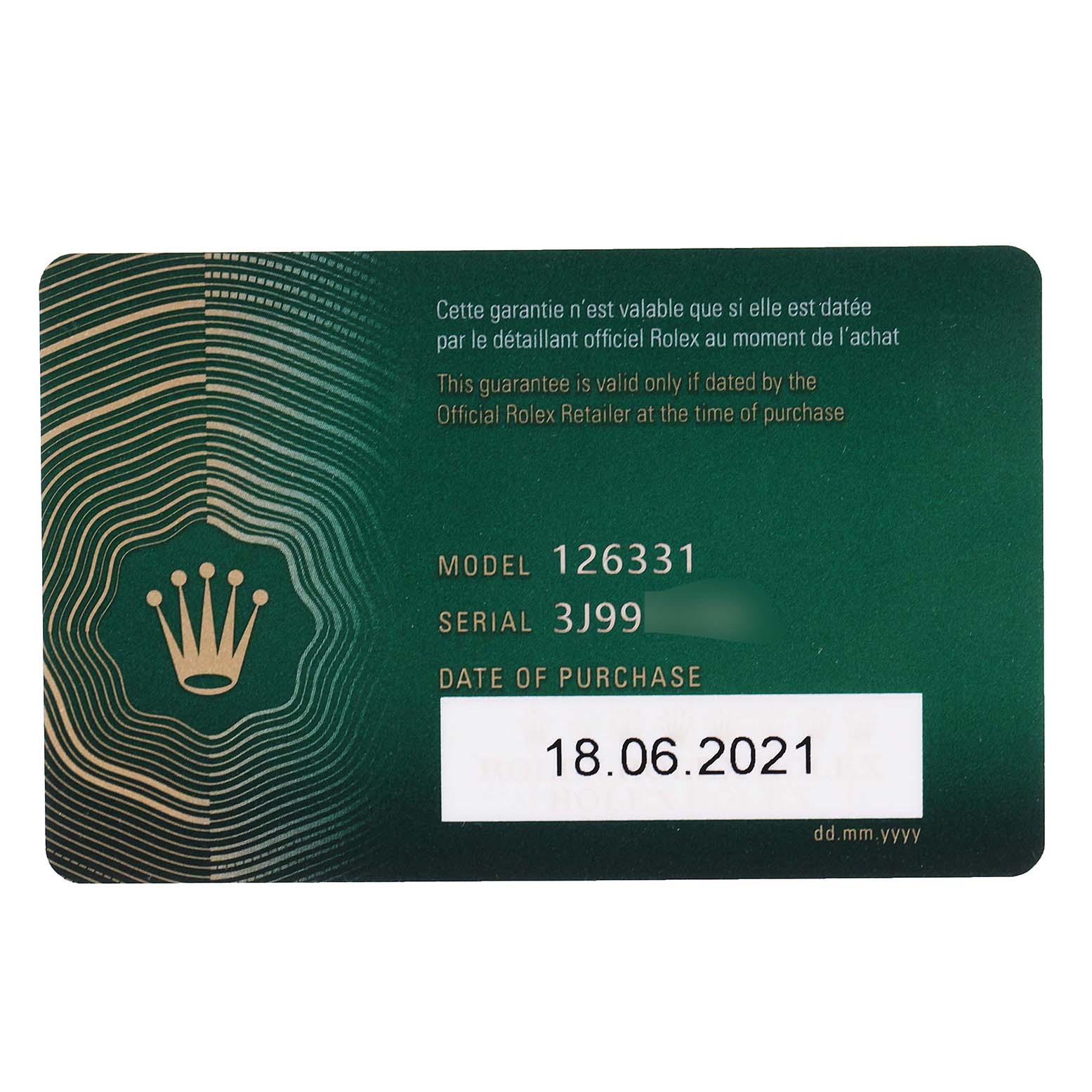 The image shows a green Rolex authenticity card for the Datejust 41 model, detailing the model number, serial number, and purchase date.