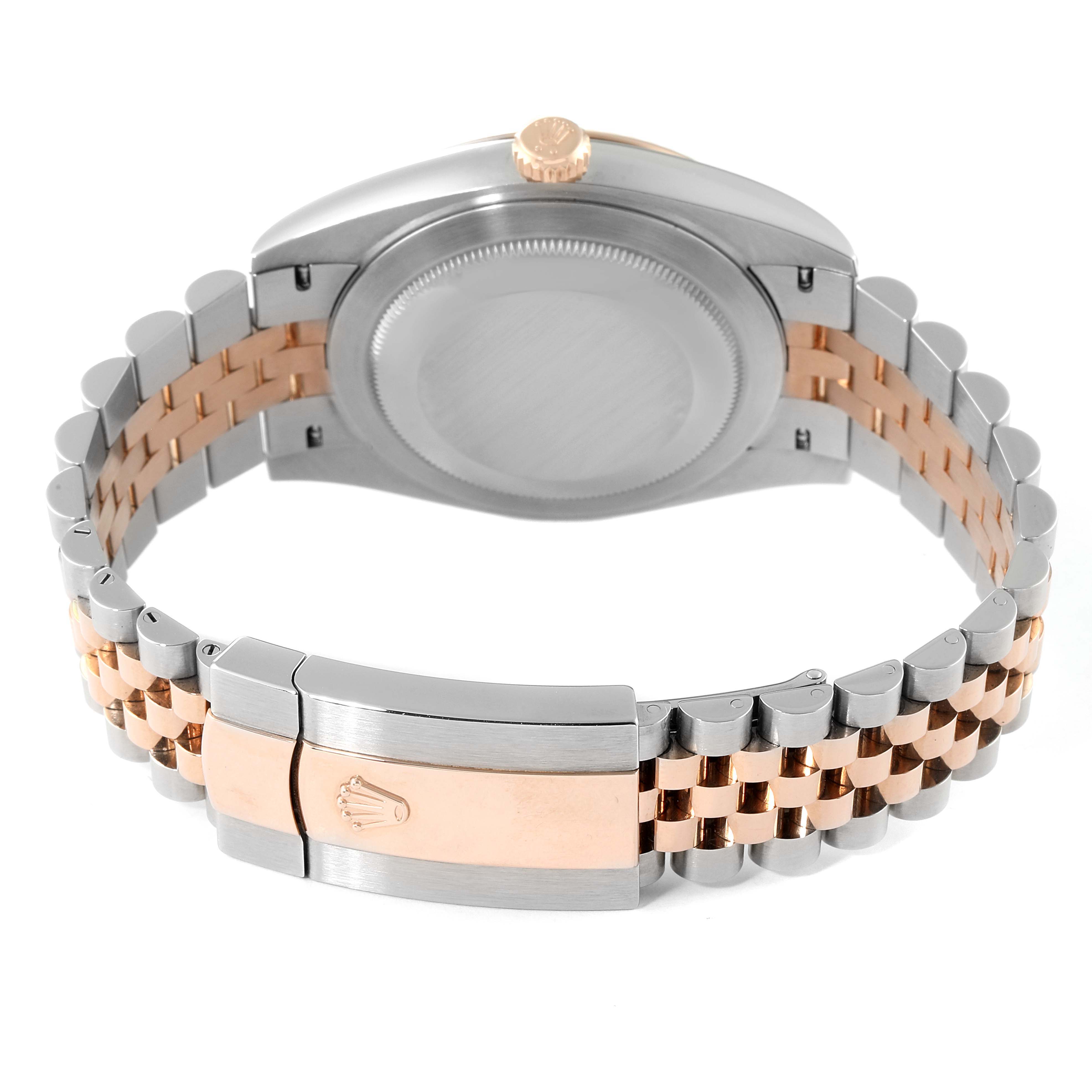This image shows the back of the Rolex Datejust 41 126331 Men's Steel and Gold (two tone) Grey Dial 126331 Men's Steel and Gold (two tone) Grey Dial watch, focusing on the case back, crown, and two-tone bracelet with a clasp.