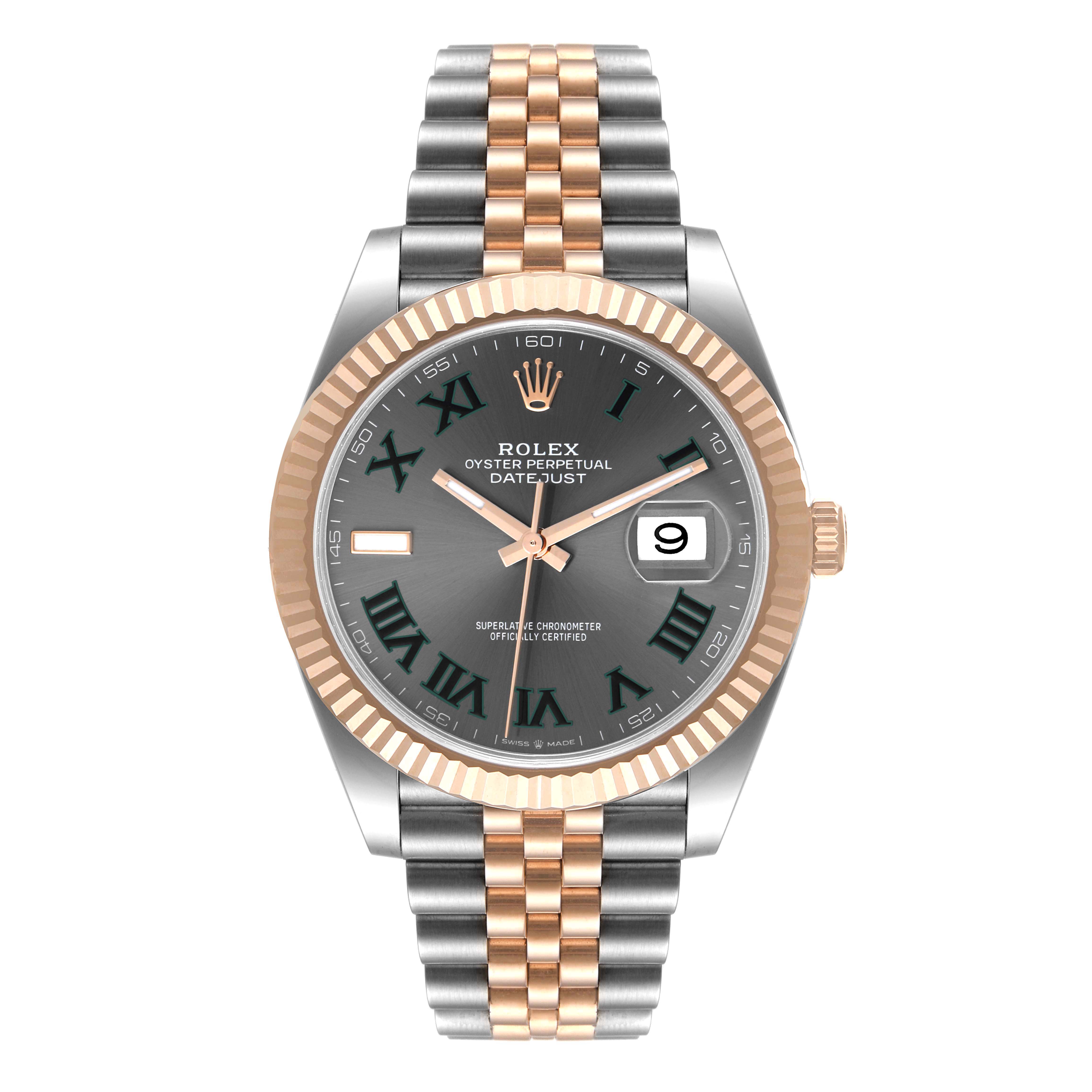 This image shows a Rolex Datejust 41 126331 Men's Steel and Gold (two tone) Grey Dial 126331 Men's Steel and Gold (two tone) Grey Dial watch from a front angle, displaying the dial, bezel, and bracelet.