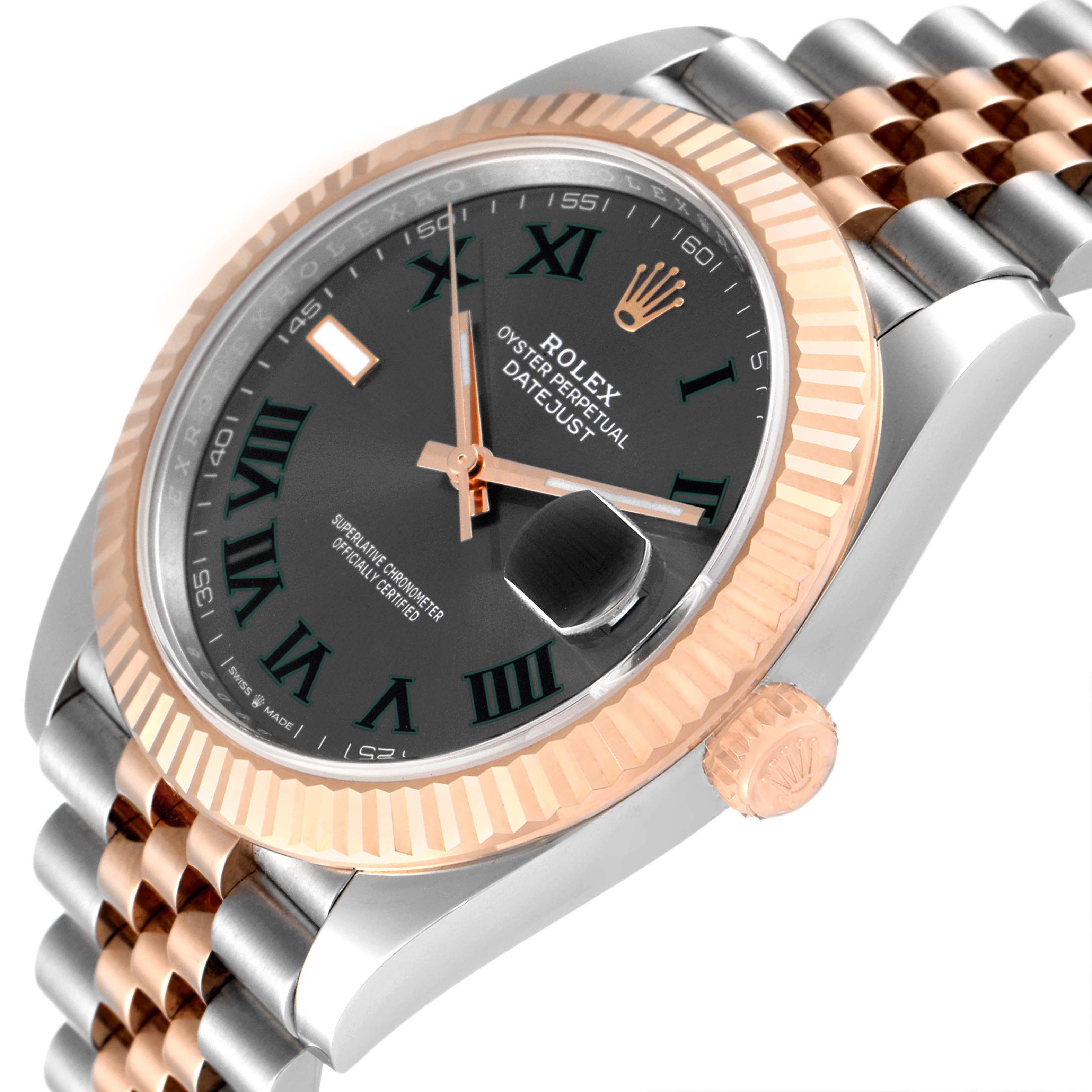 The Rolex Datejust 41 126331 Men's Steel and Gold (two tone) Grey Dial 126331 Men's Steel and Gold (two tone) Grey Dial watch is shown at an angled view, highlighting the face, bezel, crown, and partially the bracelet.