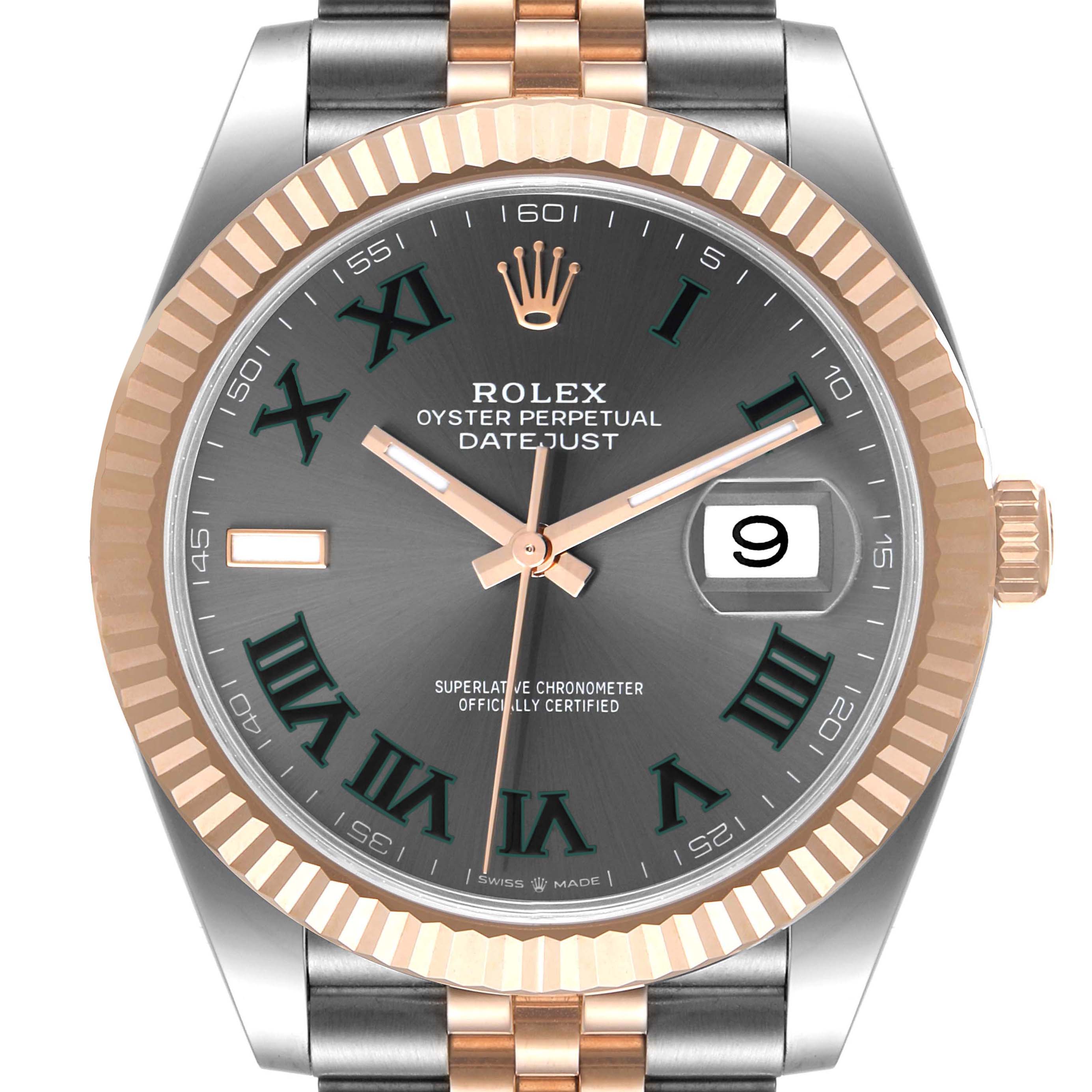 This image shows a frontal view of the Rolex Datejust 41 126331 Men's Steel and Gold (two tone) Grey Dial 126331 Men's Steel and Gold (two tone) Grey Dial, focusing on its two-tone dial, fluted bezel, and Roman numeral hour markers.