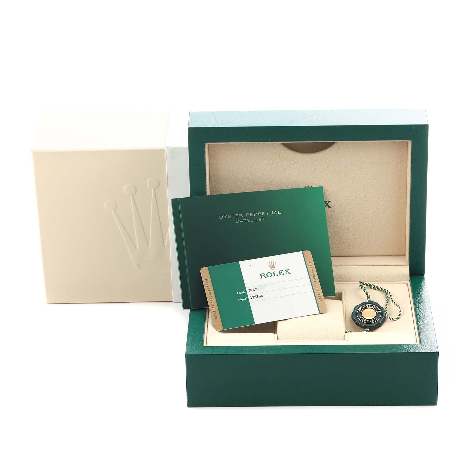 The image shows the Rolex Datejust 41 126334 Men's Stainless Steel Blue Dial 126334 Men's Stainless Steel Blue Dial packaging, including the inner and outer boxes, warranty card, booklet, and tag.