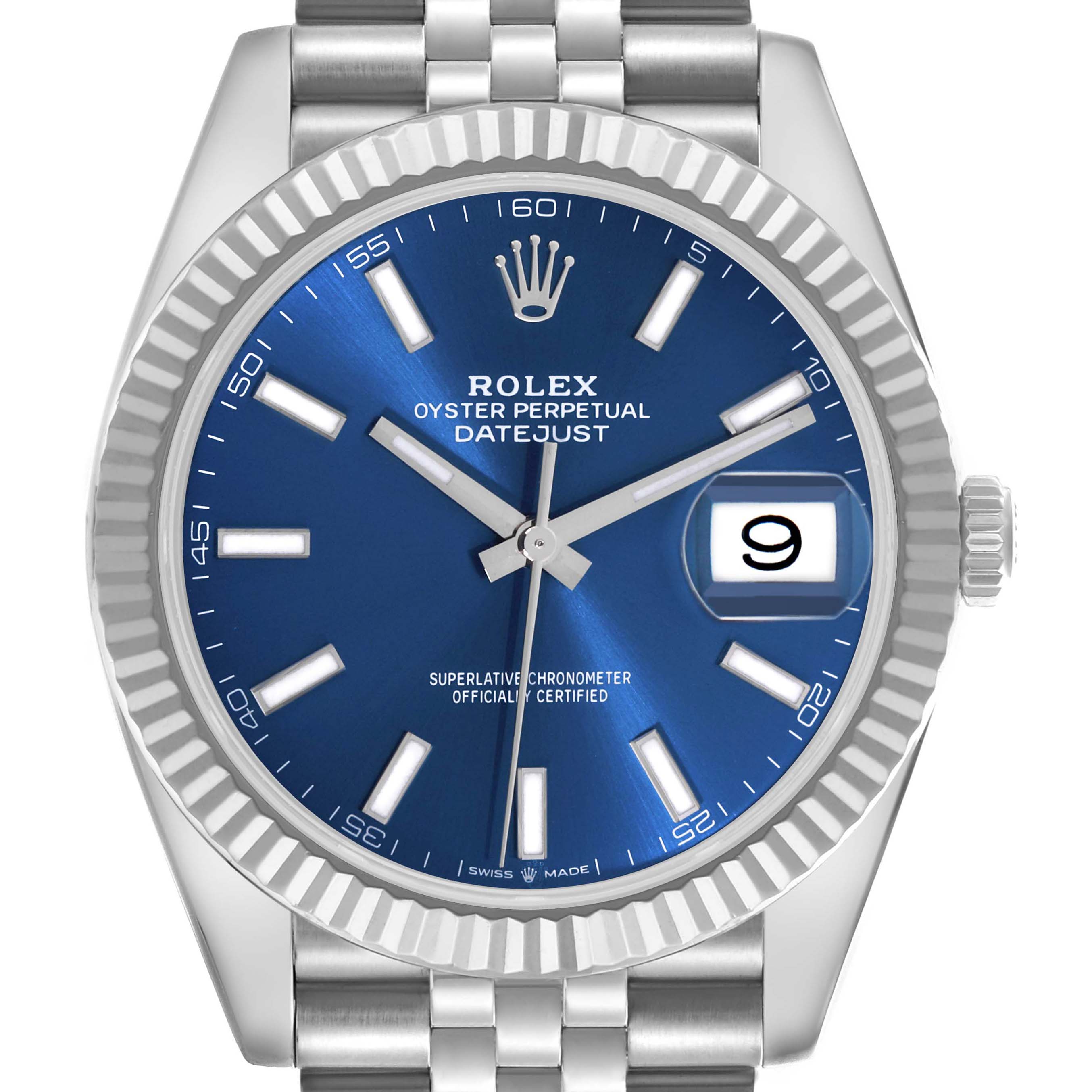 The image shows a frontal view of the Rolex Datejust 41 126334 Men's Stainless Steel Blue Dial 126334 Men's Stainless Steel Blue Dial, highlighting the blue dial, fluted bezel, and Jubilee bracelet.