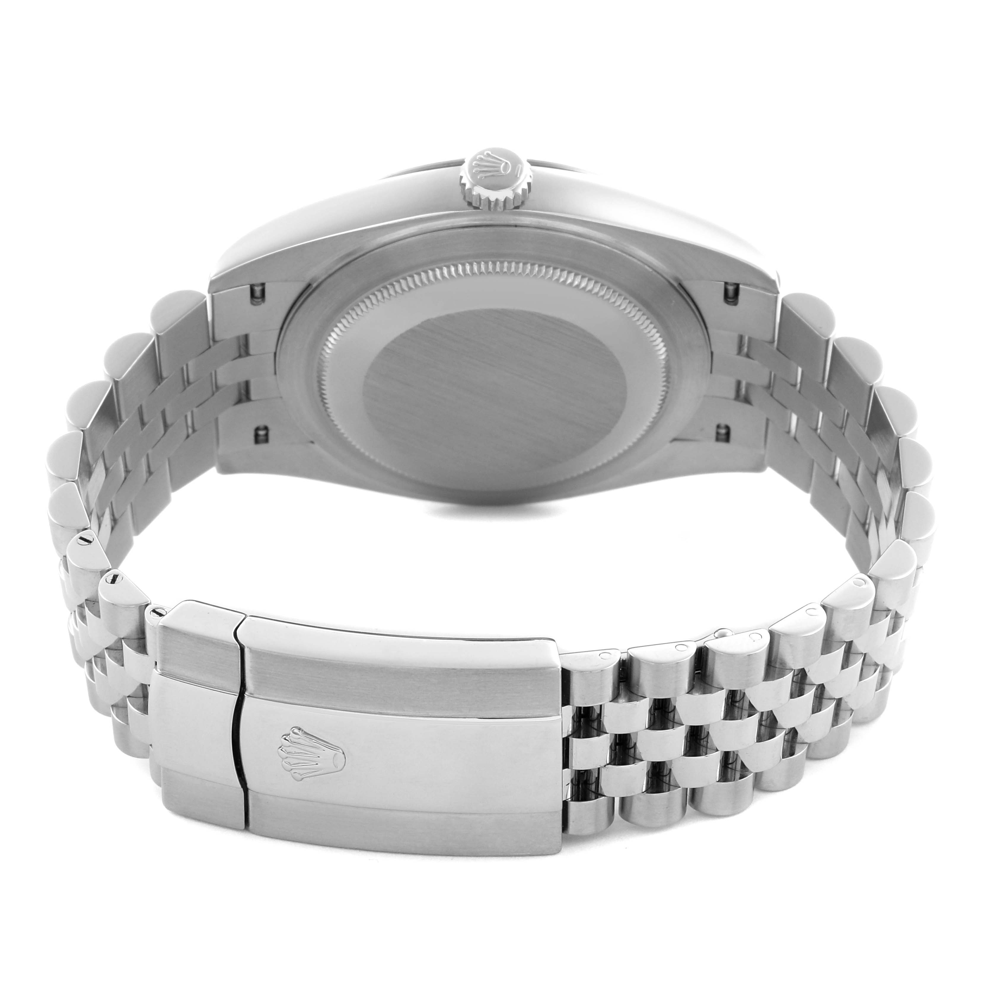 The image shows the back view of a Rolex Datejust 41 126334 Men's Stainless Steel Blue Dial 126334 Men's Stainless Steel Blue Dial, displaying the case back and Jubilee bracelet with the clasp.