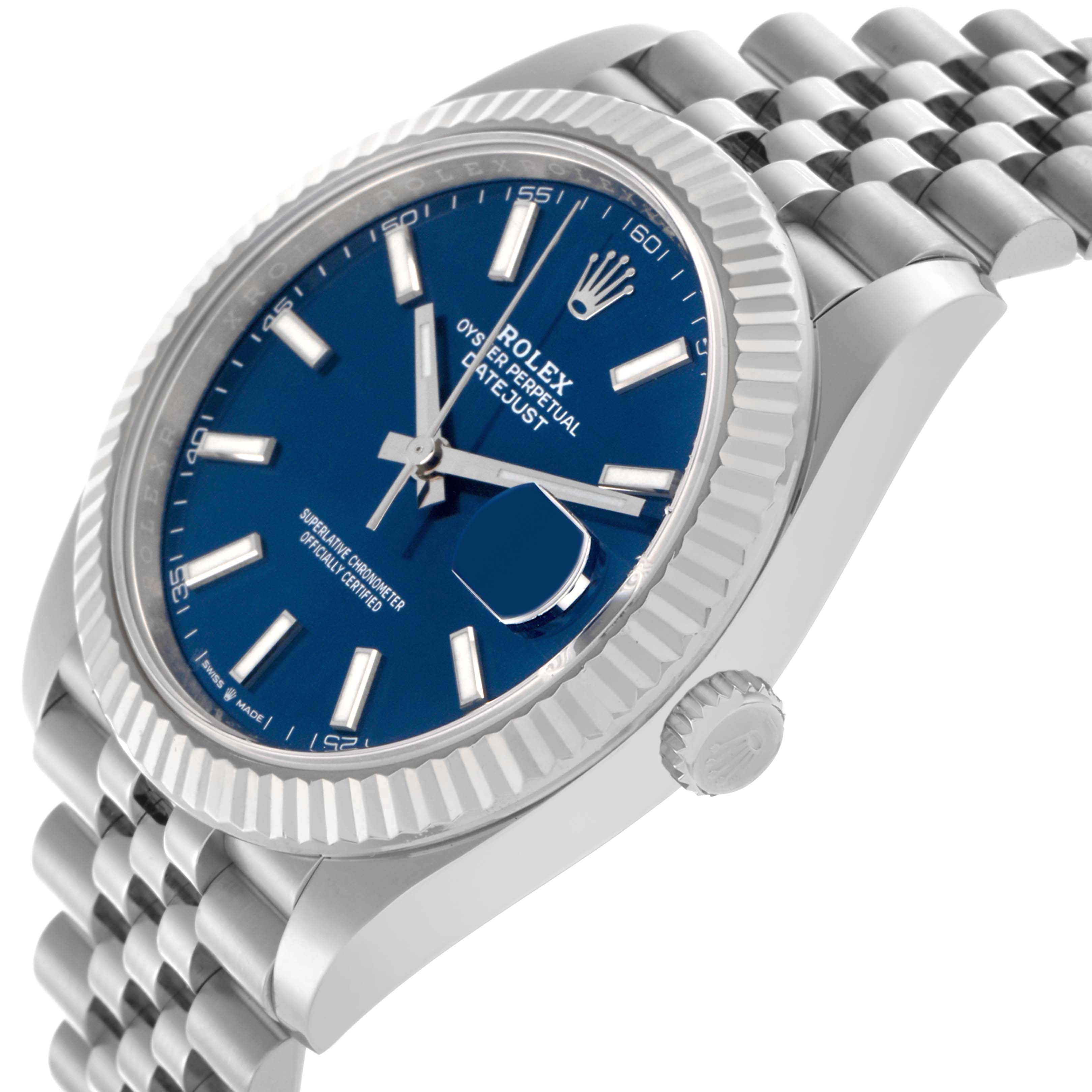 The Rolex Datejust 41 126334 Men's Stainless Steel Blue Dial 126334 Men's Stainless Steel Blue Dial is shown at a slight side angle, displaying the blue dial, fluted bezel, crown, and Jubilee bracelet.