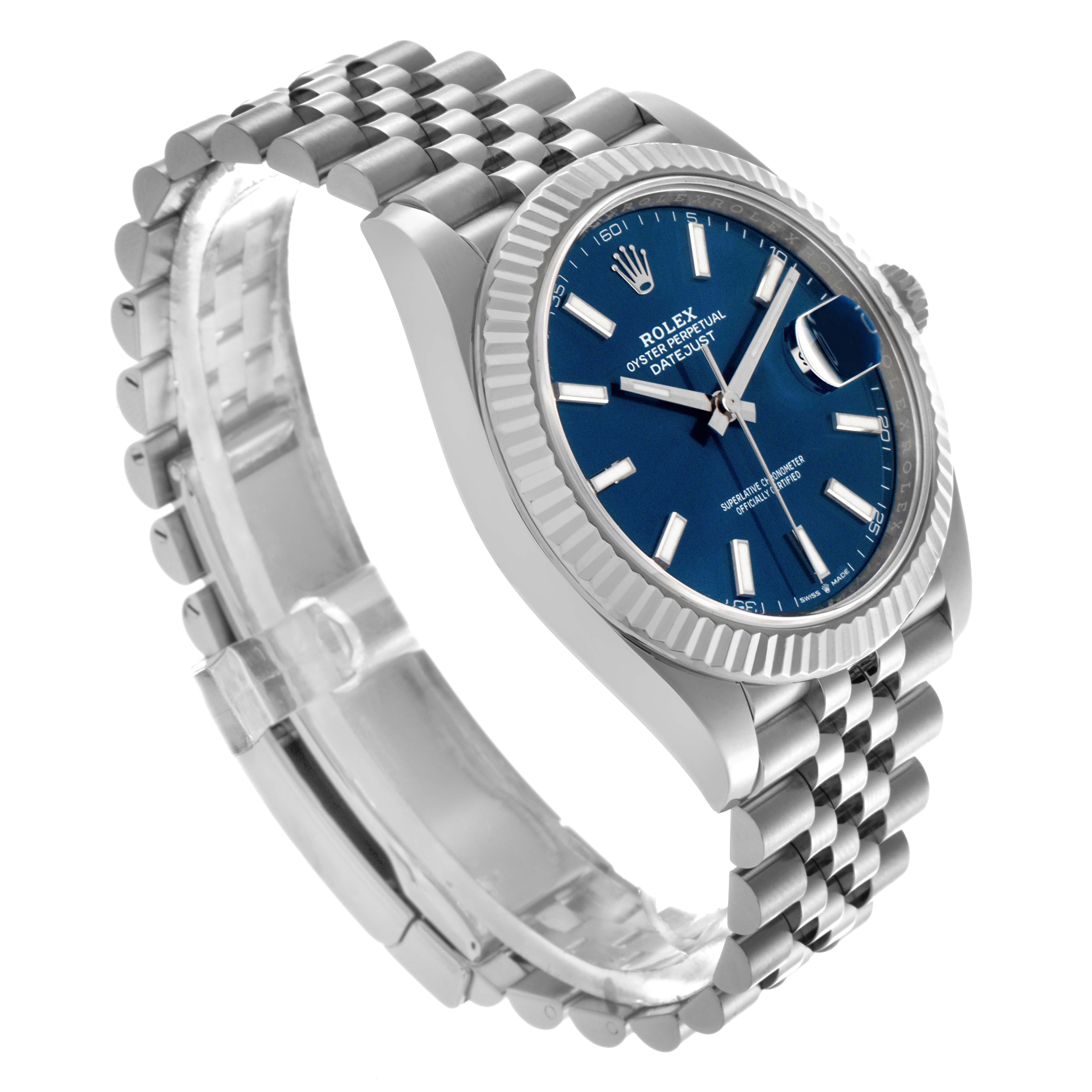 The Rolex Datejust 41 126334 Men's Stainless Steel Blue Dial 126334 Men's Stainless Steel Blue Dial is shown at a side angle, highlighting the blue dial, fluted bezel, crown, and Jubilee bracelet.