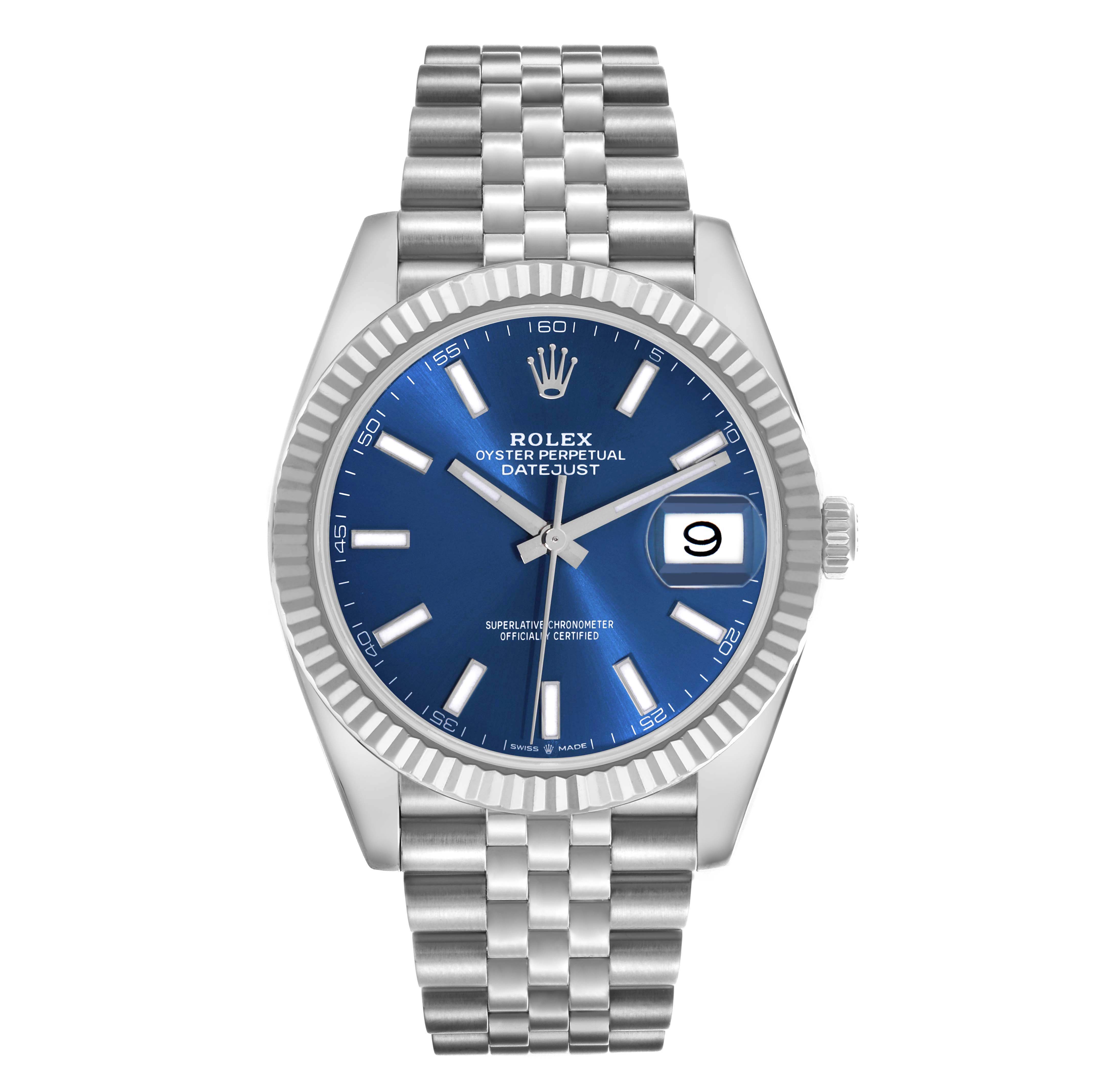 The Rolex Datejust 41 126334 Men's Stainless Steel Blue Dial 126334 Men's Stainless Steel Blue Dial watch is shown from a front angle, highlighting the dial, case, bezel, and bracelet.