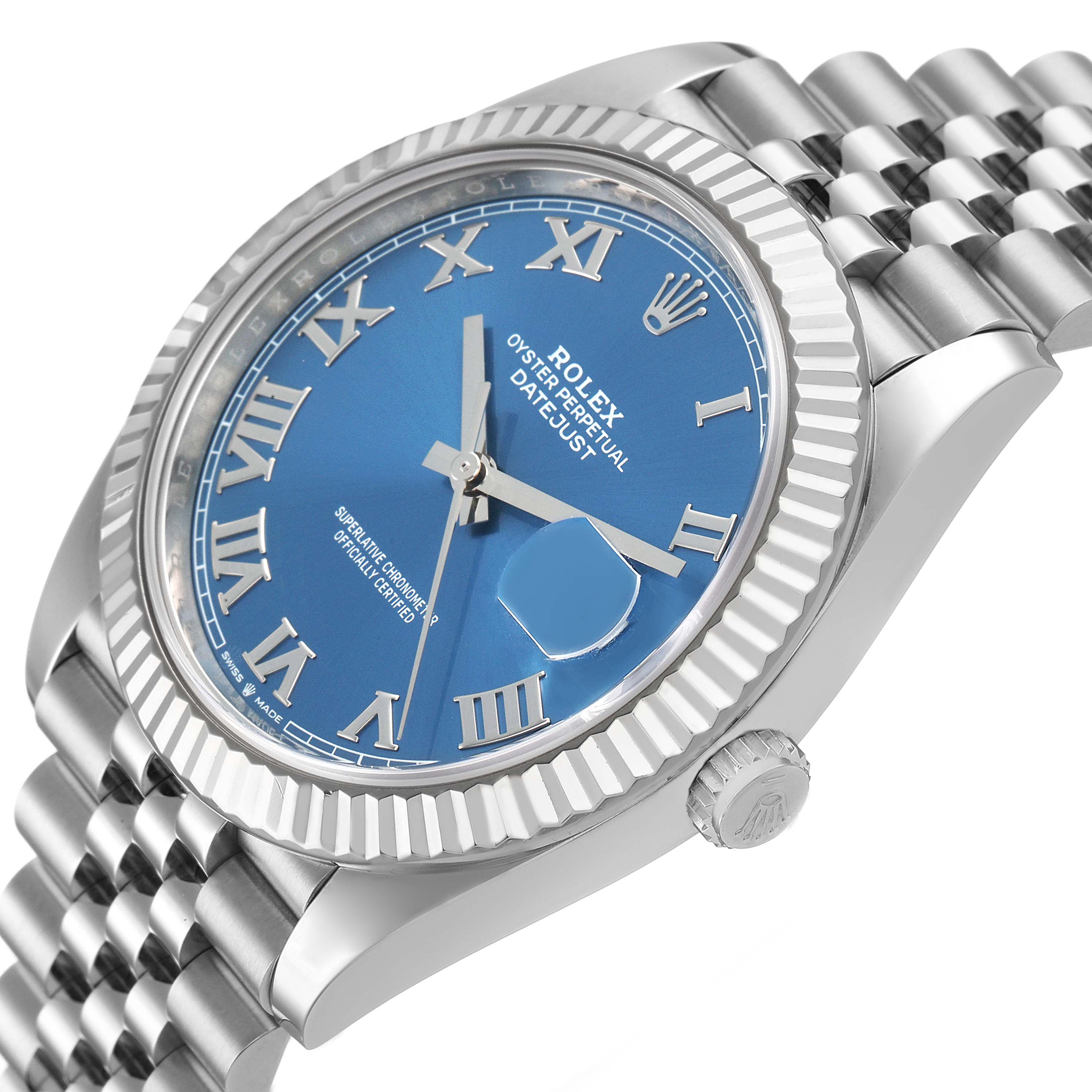 The image shows a side angle of the Rolex Datejust 41 126334 Men's Stainless Steel Blue Dial watch, highlighting the blue dial, fluted bezel, and Jubilee bracelet.