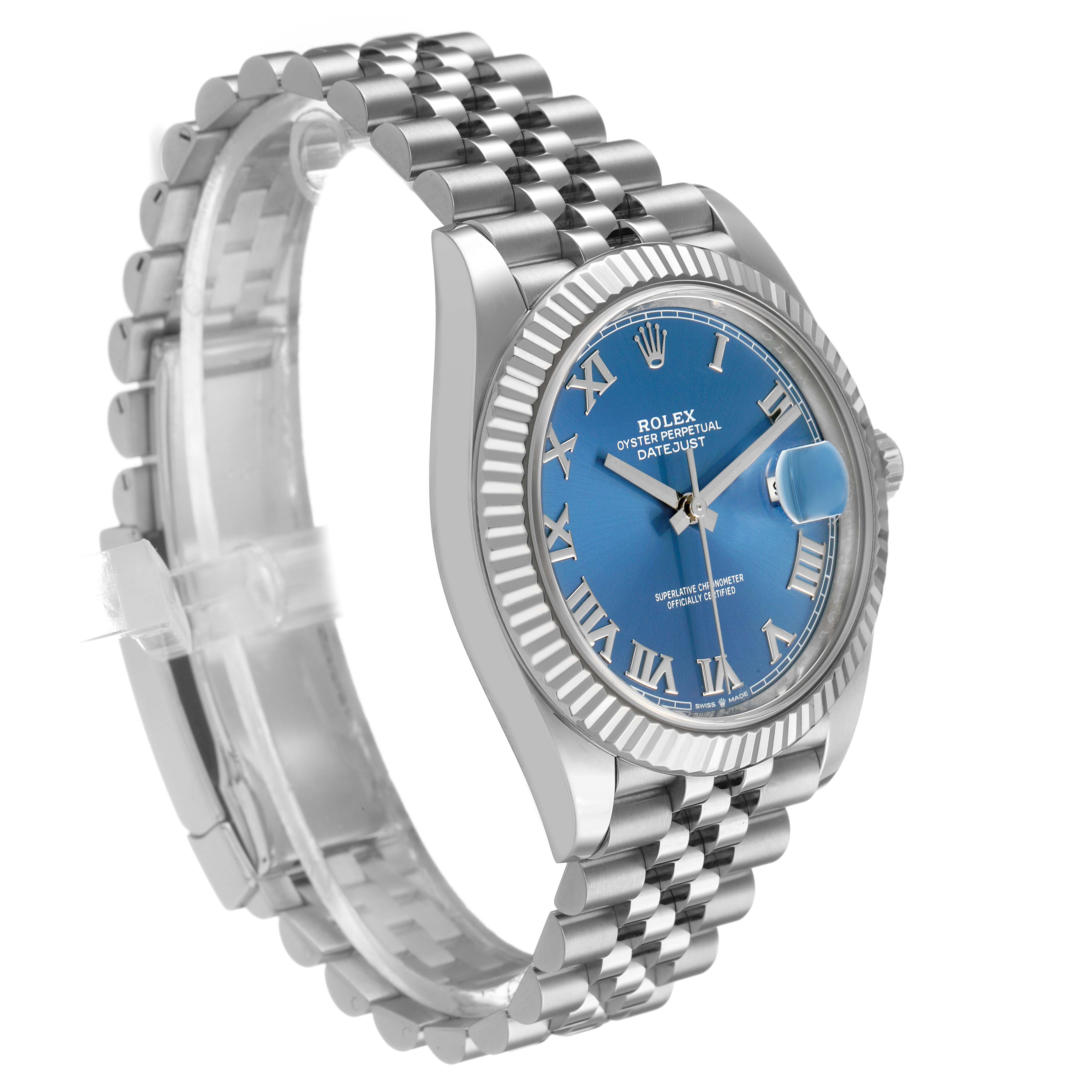 The Rolex Datejust 41 126334 Men's Stainless Steel Blue Dial is shown at a three-quarter angle, highlighting its blue dial, fluted bezel, and Jubilee bracelet.