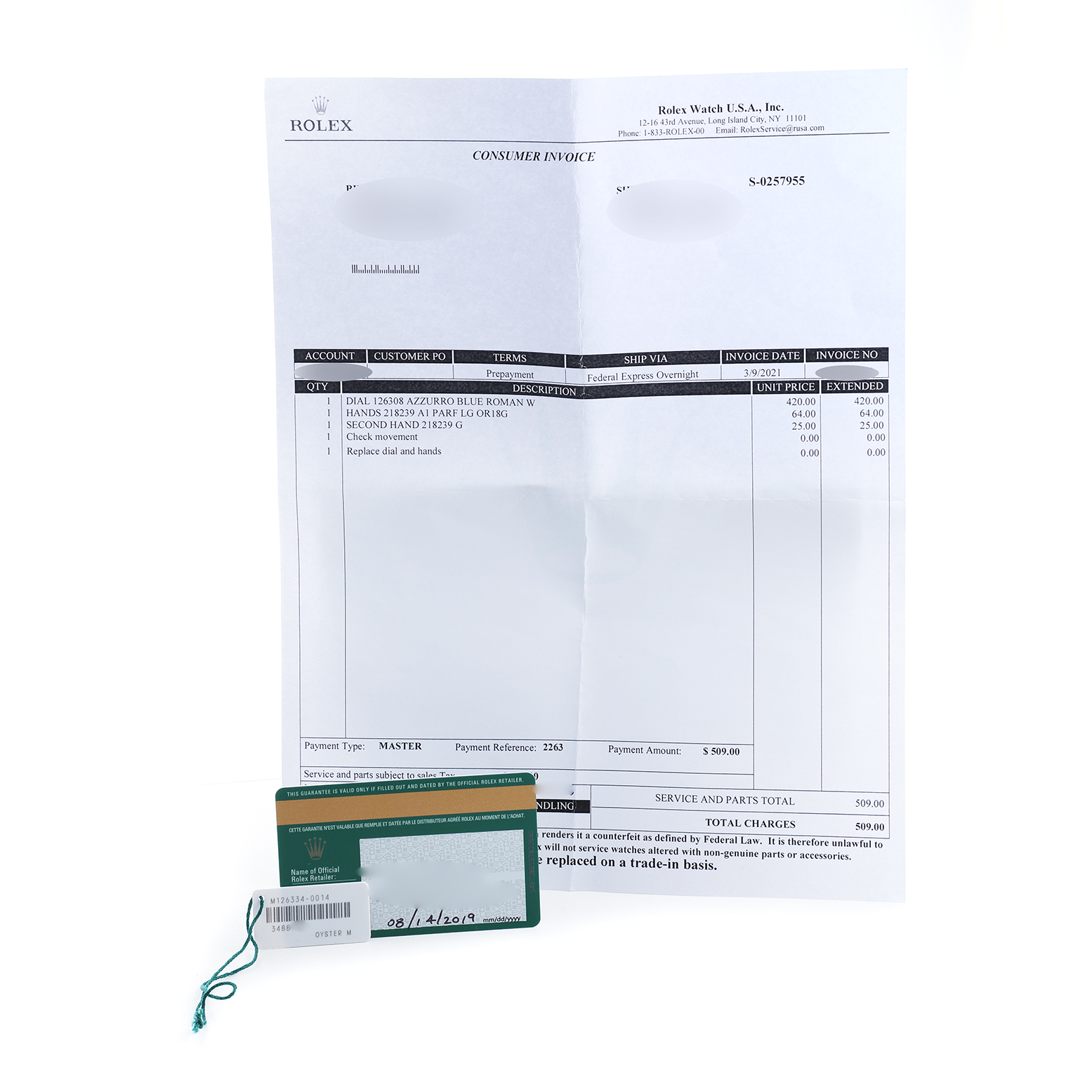 The image shows a Rolex Datejust 41 126334 Men's Stainless Steel Blue Dial service invoice and warranty card from a top-down angle.