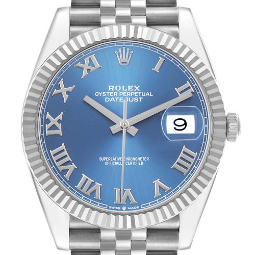 The Rolex Datejust 41 126334 Men's Stainless Steel Blue Dial is shown from the front, highlighting its blue dial, Roman numerals, fluted bezel, and date window.