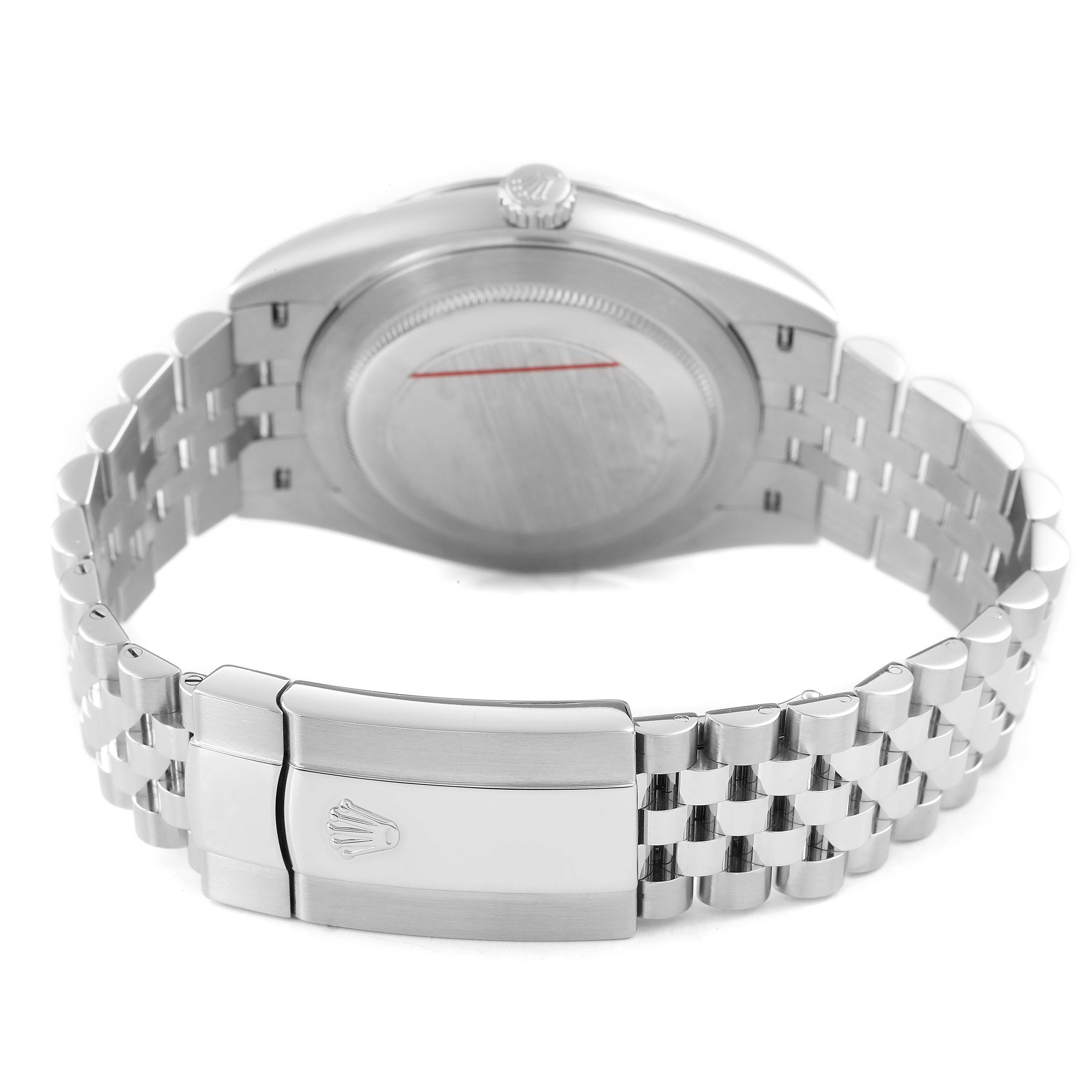 The image shows the back of the Rolex Datejust 41 126334 Men's Stainless Steel Blue Dial, highlighting the bracelet and clasp.