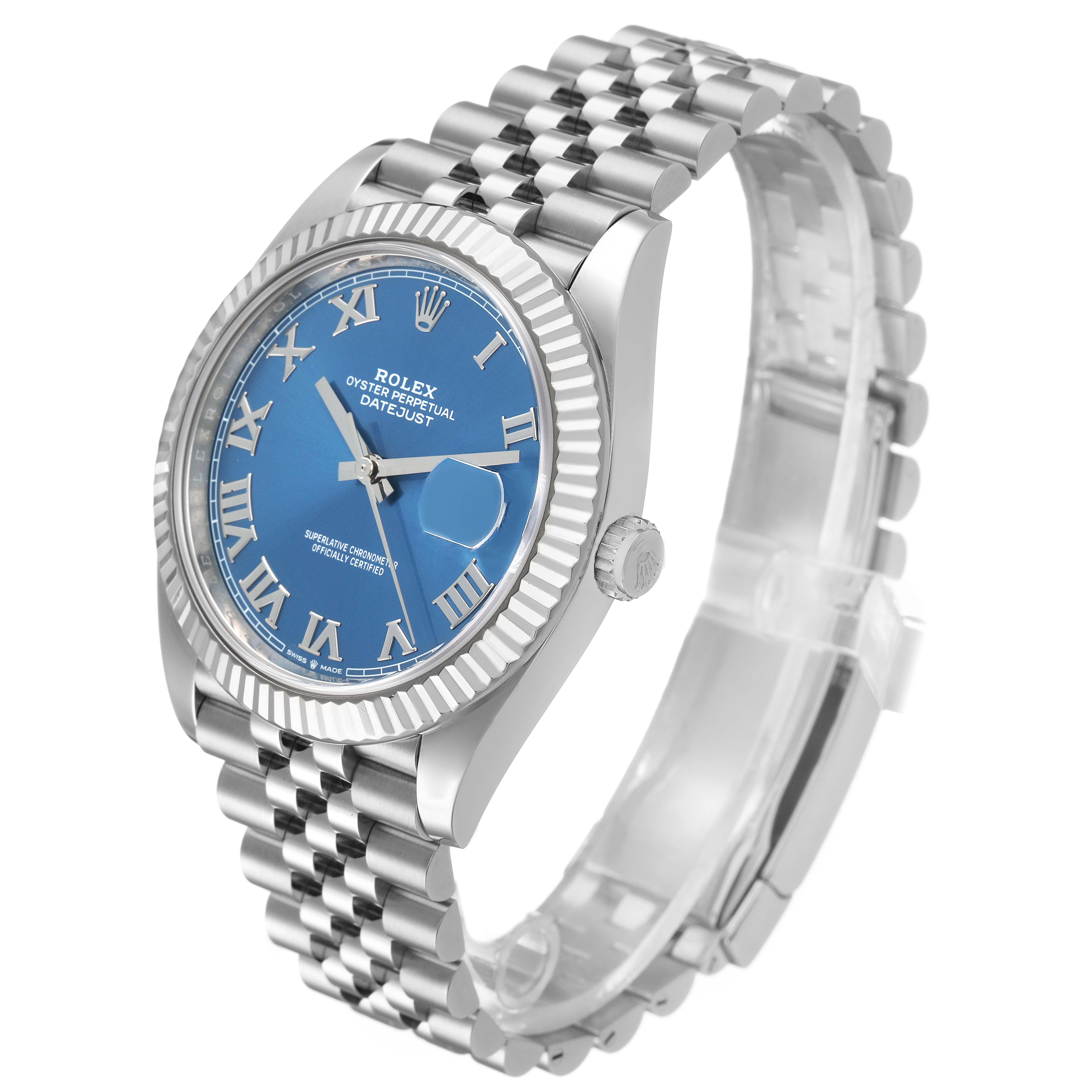 The Rolex Datejust 41 126334 Men's Stainless Steel Blue Dial is shown at an oblique angle, highlighting the face, bezel, and Jubilee bracelet.