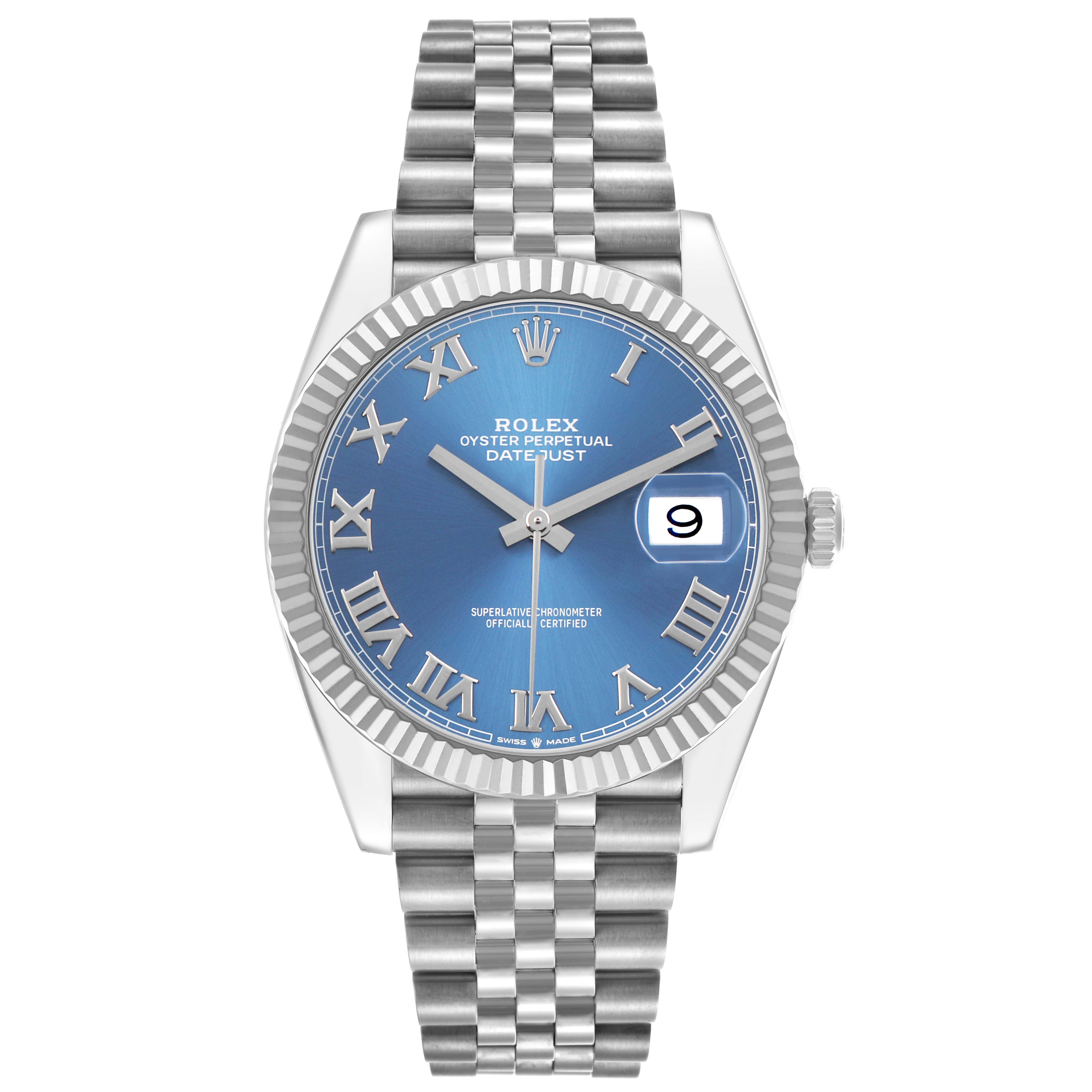 The Rolex Datejust 41 126334 Men's Stainless Steel Blue Dial is shown from the front, highlighting the face, fluted bezel, and jubilee bracelet.