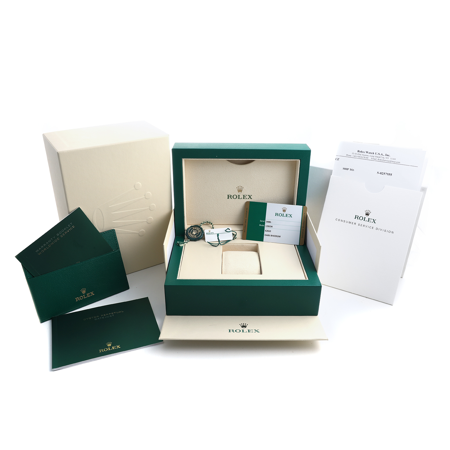 The Rolex Datejust 41 126334 Men's Stainless Steel Blue Dial is shown from a top angle, featuring its open box with manuals, tags, and warranty card.