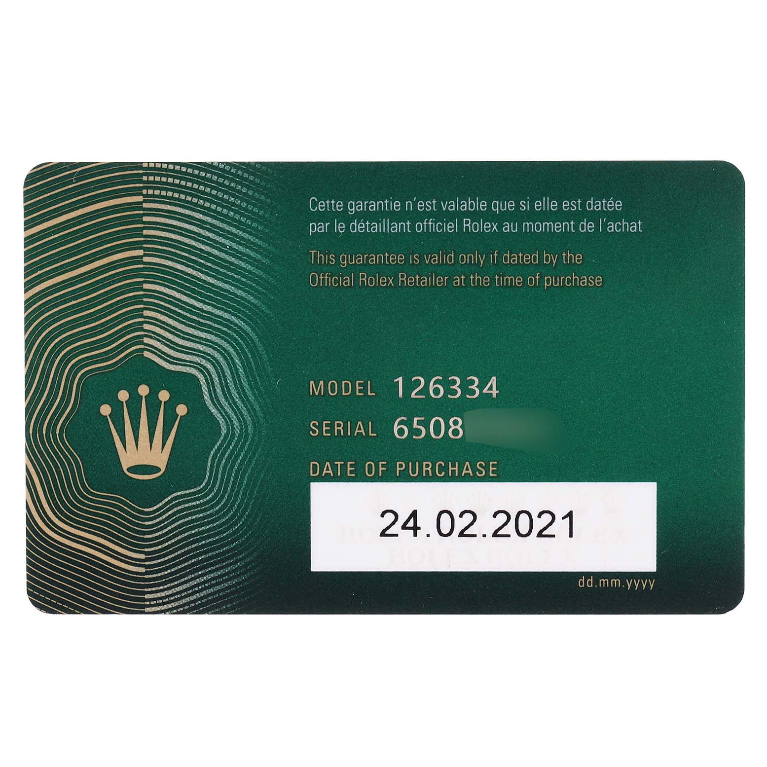 This is a warranty card for the Rolex Datejust 41 126334 Men's Stainless Steel Grey Dial 126334 Men's Stainless Steel Grey Dial model 126334, showing the serial number and date of purchase.