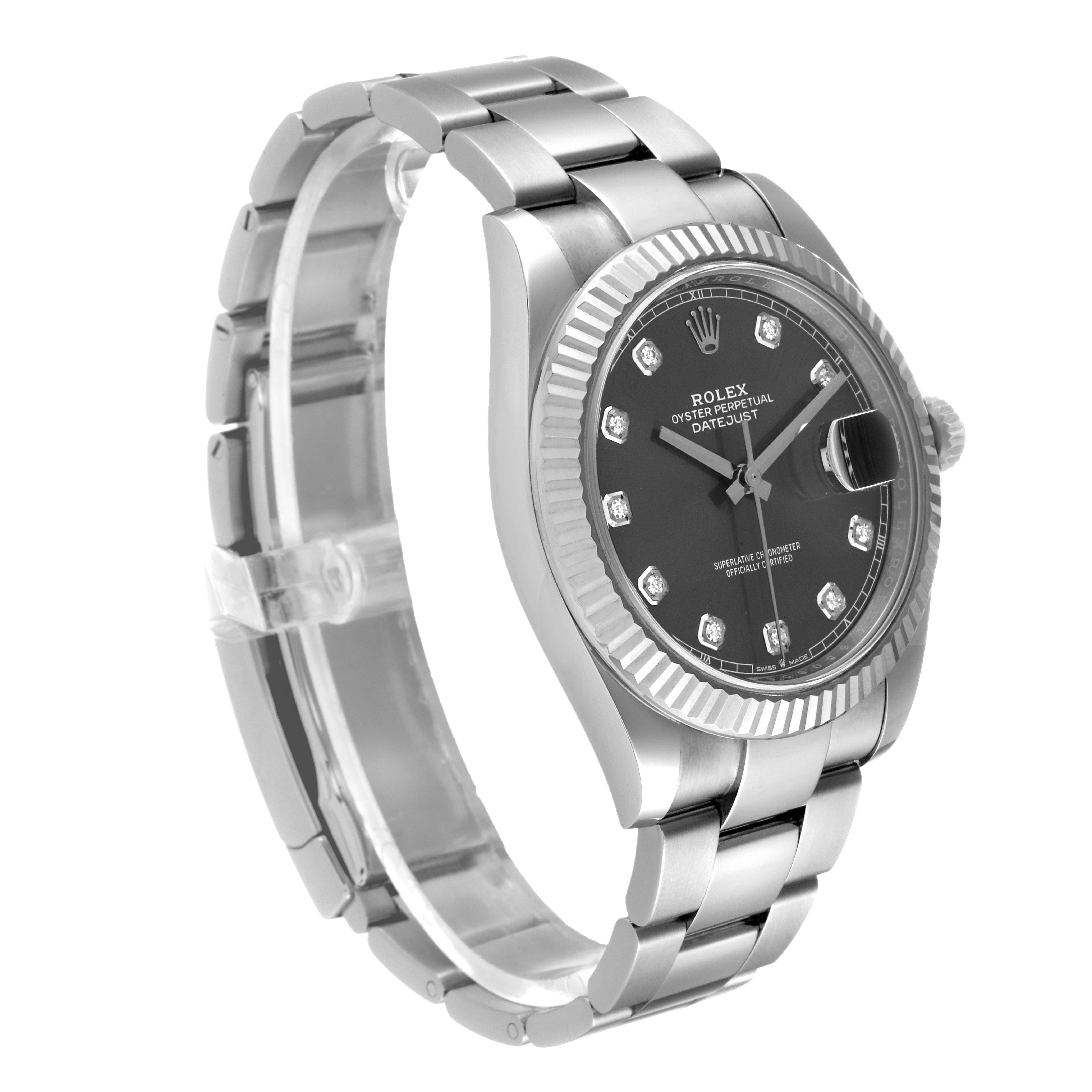 The image shows the Rolex Datejust 41 126334 Men's Stainless Steel Grey Dial 126334 Men's Stainless Steel Grey Dial model from an angled side view, highlighting the watch face, bezel, and band.