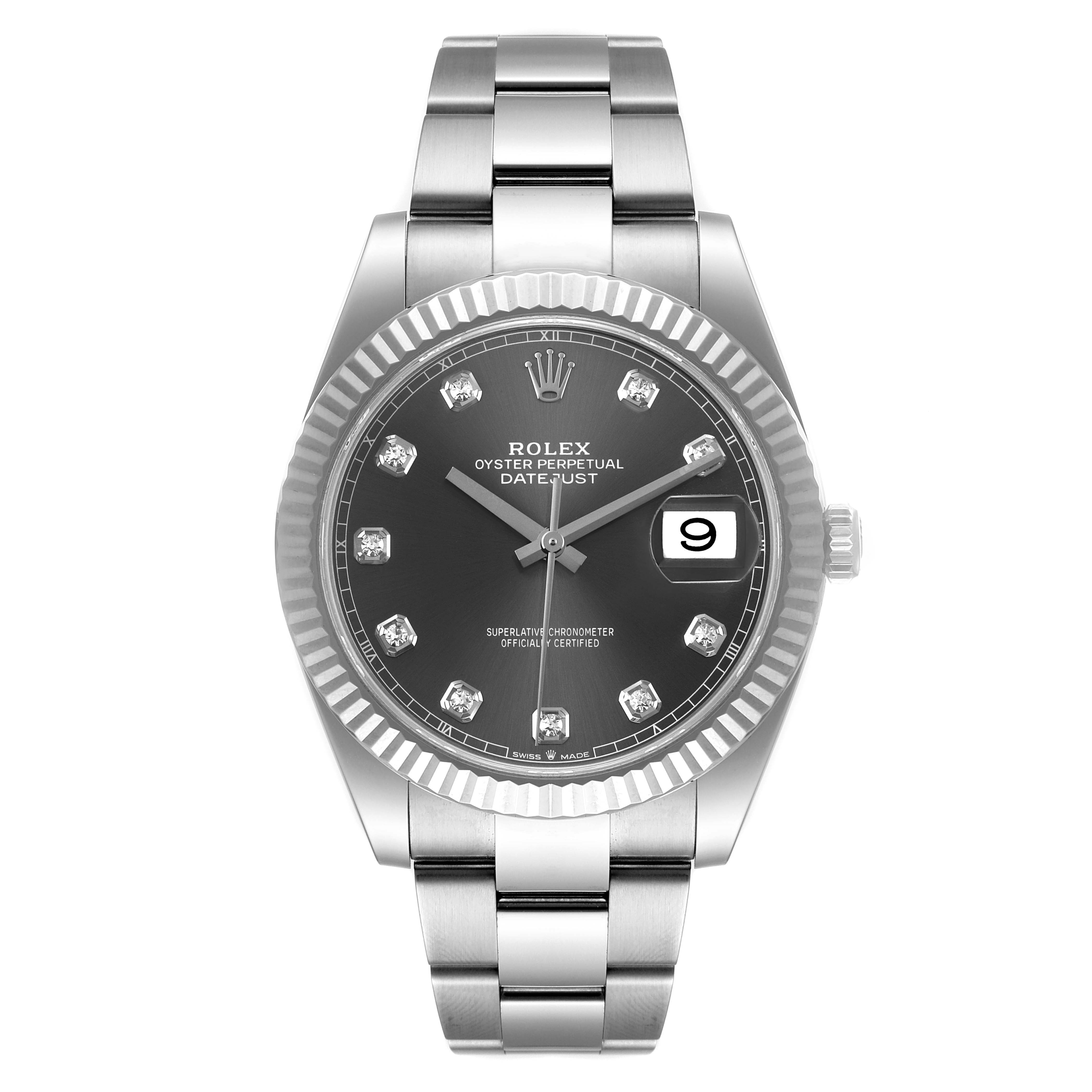 The Rolex Datejust 41 126334 Men's Stainless Steel Grey Dial 126334 Men's Stainless Steel Grey Dial model is displayed front-facing, showing the dial, fluted bezel, bracelet, and date window.
