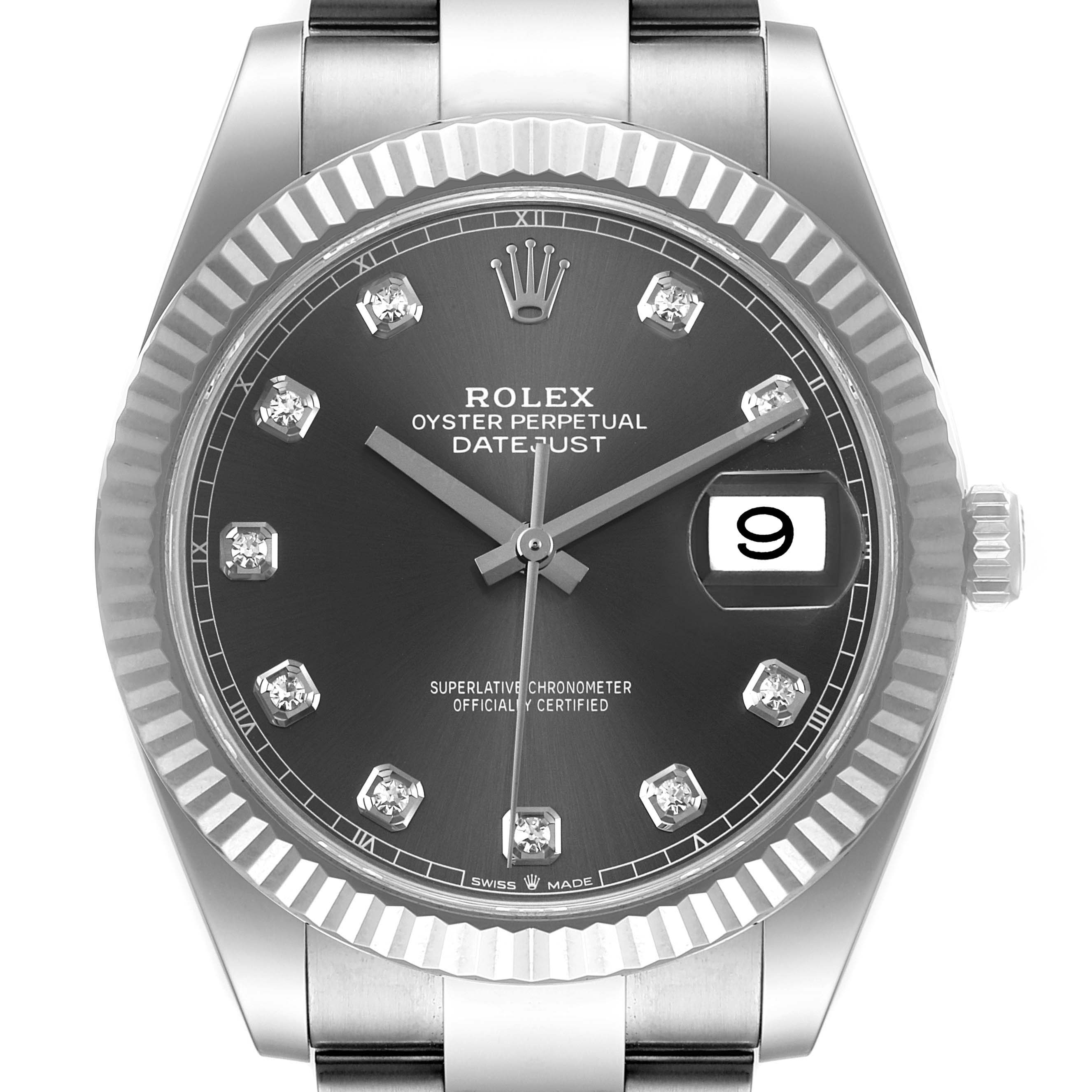 The Rolex Datejust 41 126334 Men's Stainless Steel Grey Dial 126334 Men's Stainless Steel Grey Dial watch is shown from a top view, featuring a dark dial with diamond hour markers, fluted bezel, and date display.