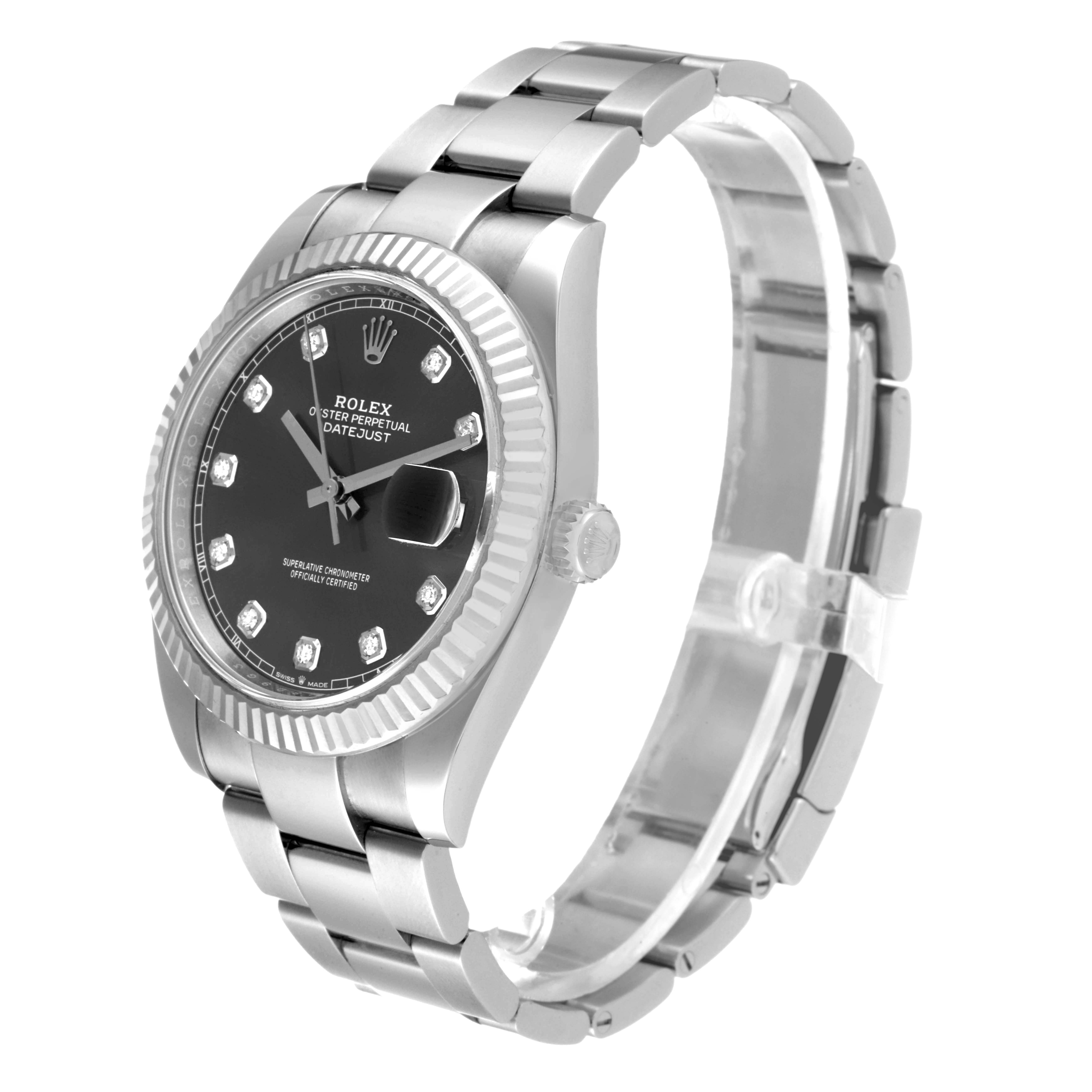 The image shows a Rolex Datejust 41 126334 Men's Stainless Steel Grey Dial 126334 Men's Stainless Steel Grey Dial watch from a left-side angle, highlighting the case, dial, bracelet, and fluted bezel.