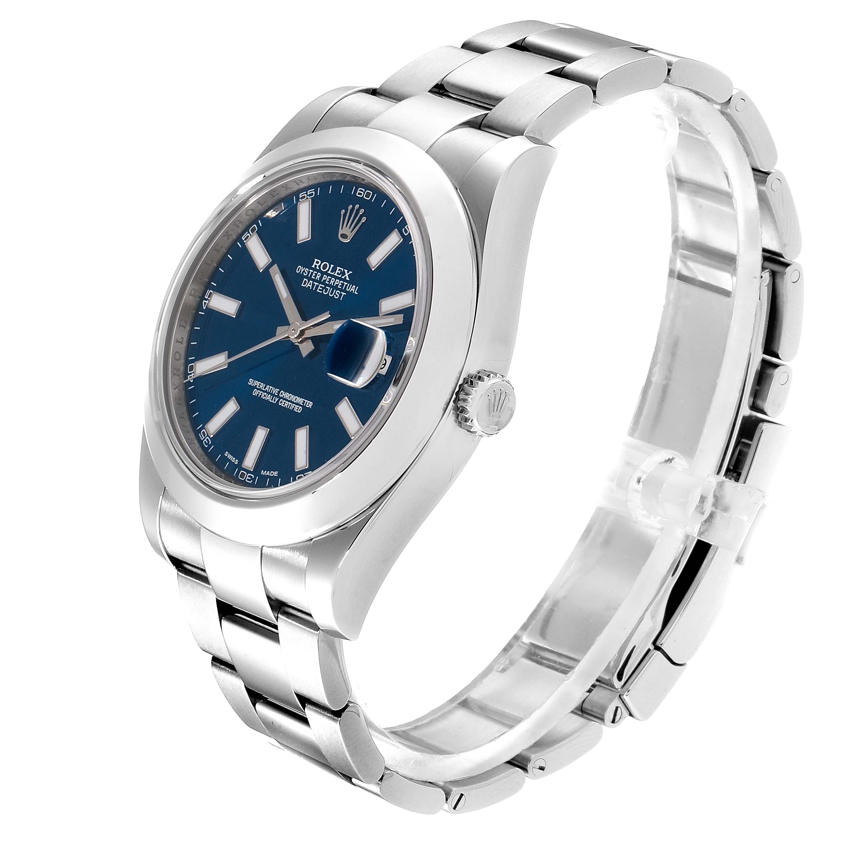 The image shows a side-angle view of the Rolex Datejust 41 116300 Men
s Stainless Steel Blue Dial 116300 Men
s Stainless Steel Blue Dial watch, highlighting its blue dial, bracelet, and crown.