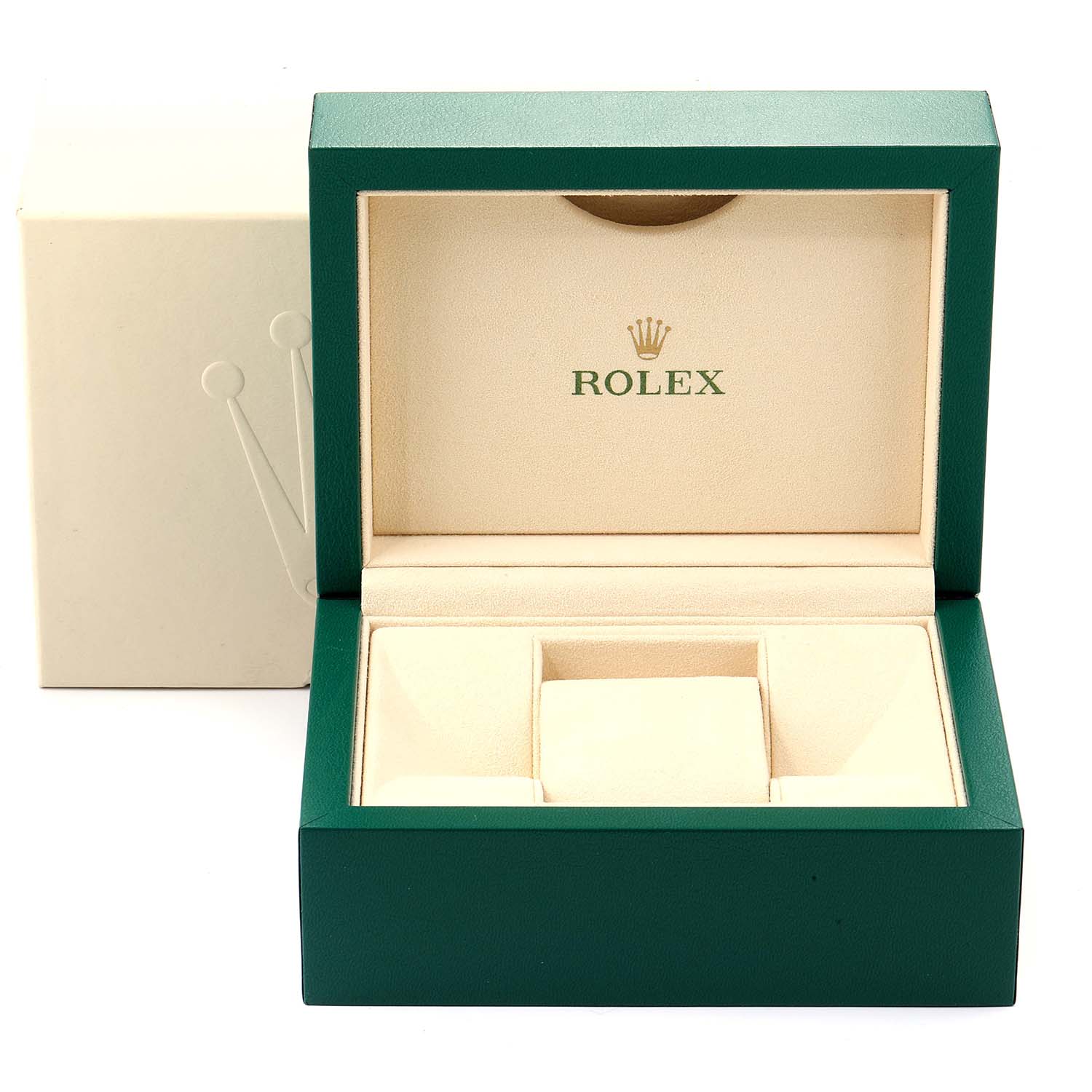 The image shows an open beige and green Rolex box for the Datejust 41 model, highlighting the interior compartments.