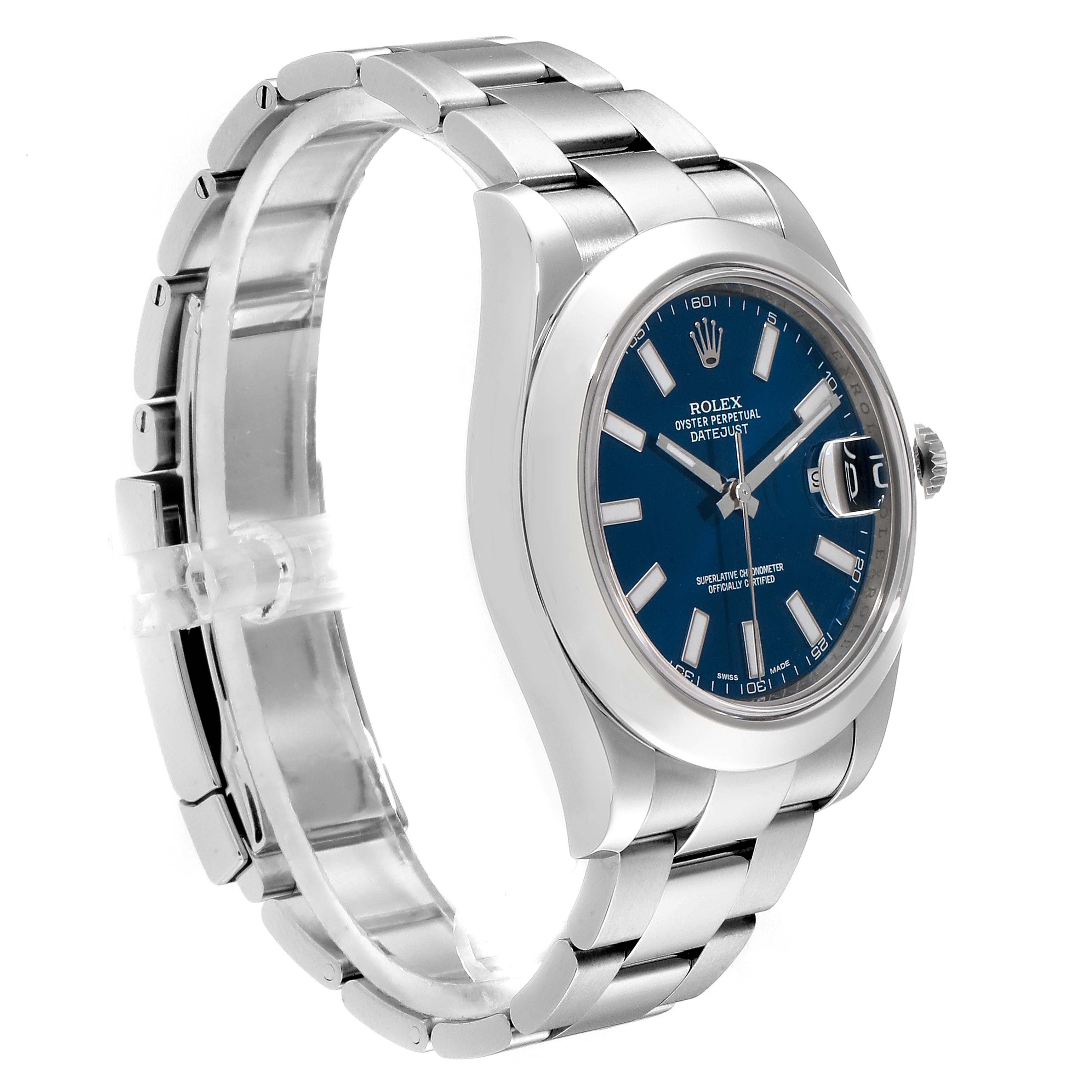 The Rolex Datejust 41 116300 Men
s Stainless Steel Blue Dial 116300 Men
s Stainless Steel Blue Dial watch is shown at a three-quarter angle, highlighting its blue dial, bracelet, and crown.