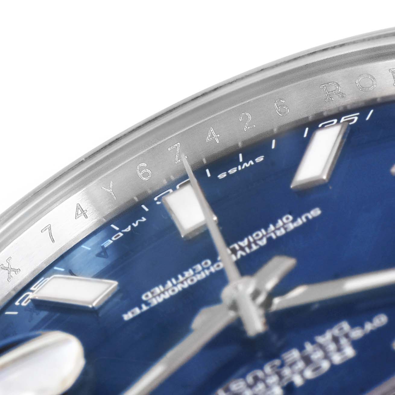 The image shows a close-up of the dial and bezel of a Rolex Datejust 41 116300 Men
s Stainless Steel Blue Dial 116300 Men
s Stainless Steel Blue Dial watch, highlighting the blue face and hour markers.