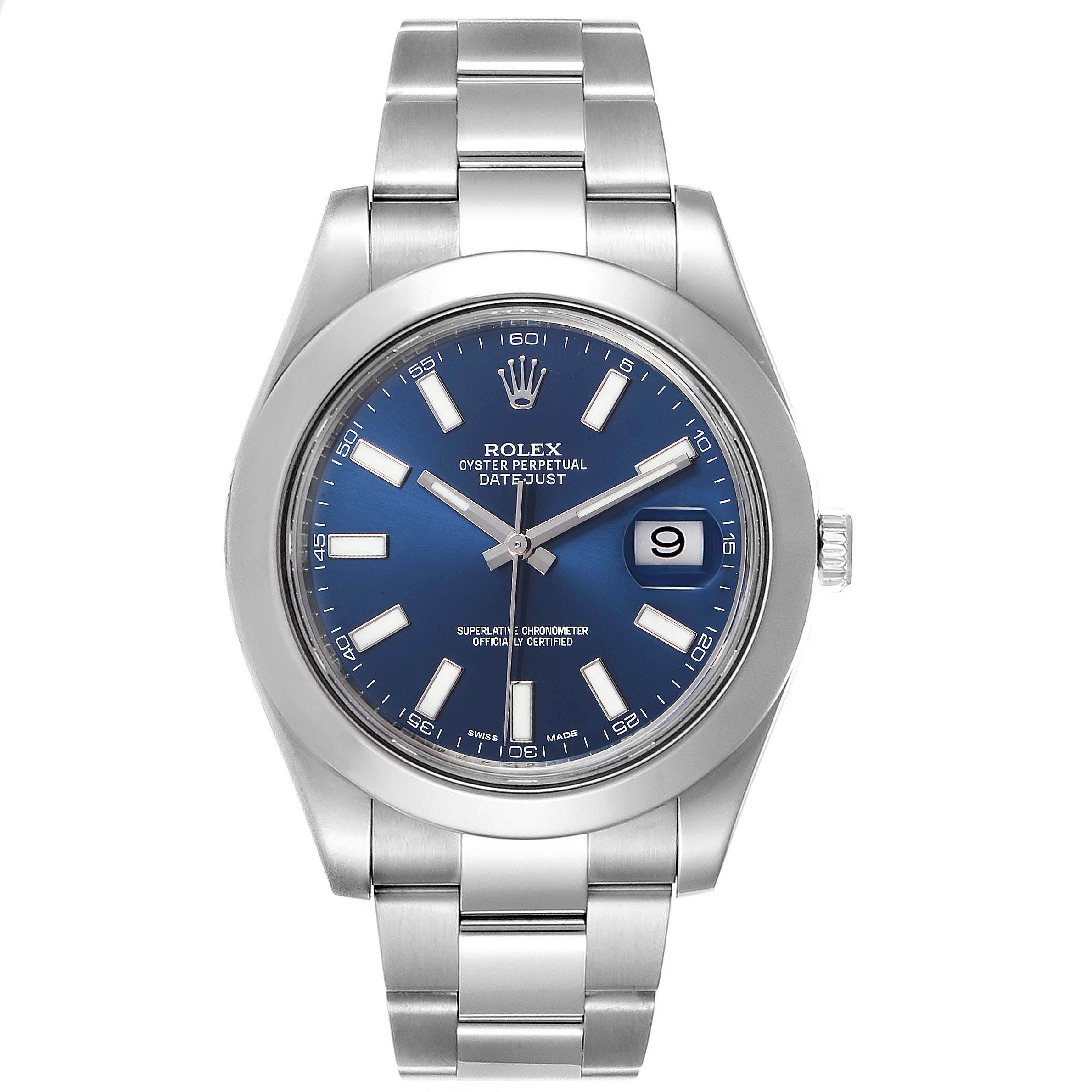 The image shows a front view of a Rolex Datejust 41 116300 Men
s Stainless Steel Blue Dial 116300 Men
s Stainless Steel Blue Dial watch with its bracelet, featuring a blue dial and date display.