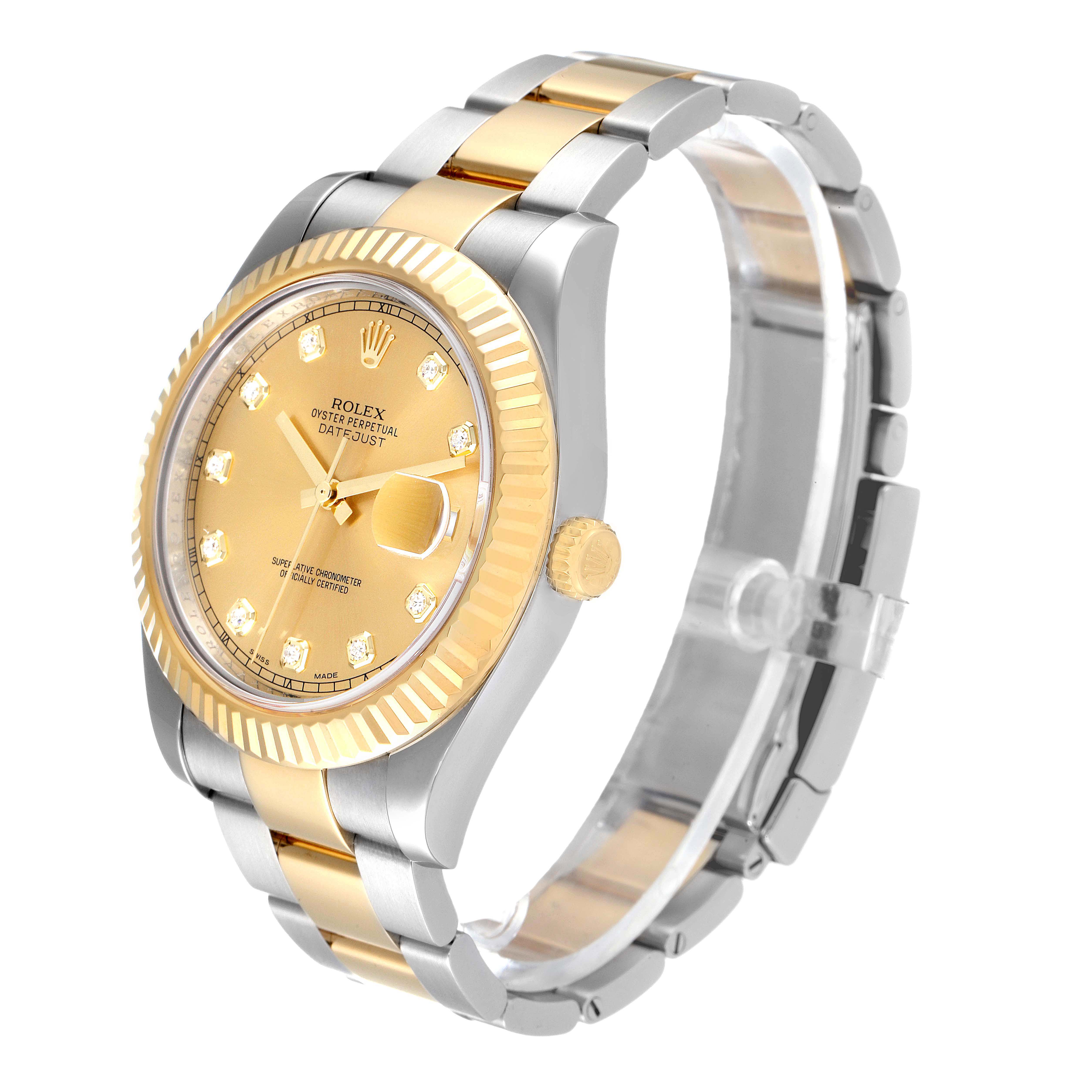 This image shows a Rolex Datejust 41 116333 Men's Steel and Gold (two tone) Champagne Dial 116333 Men's Steel and Gold (two tone) Champagne Dial watch from an angled side, displaying its two-tone bracelet, gold dial, and fluted bezel.